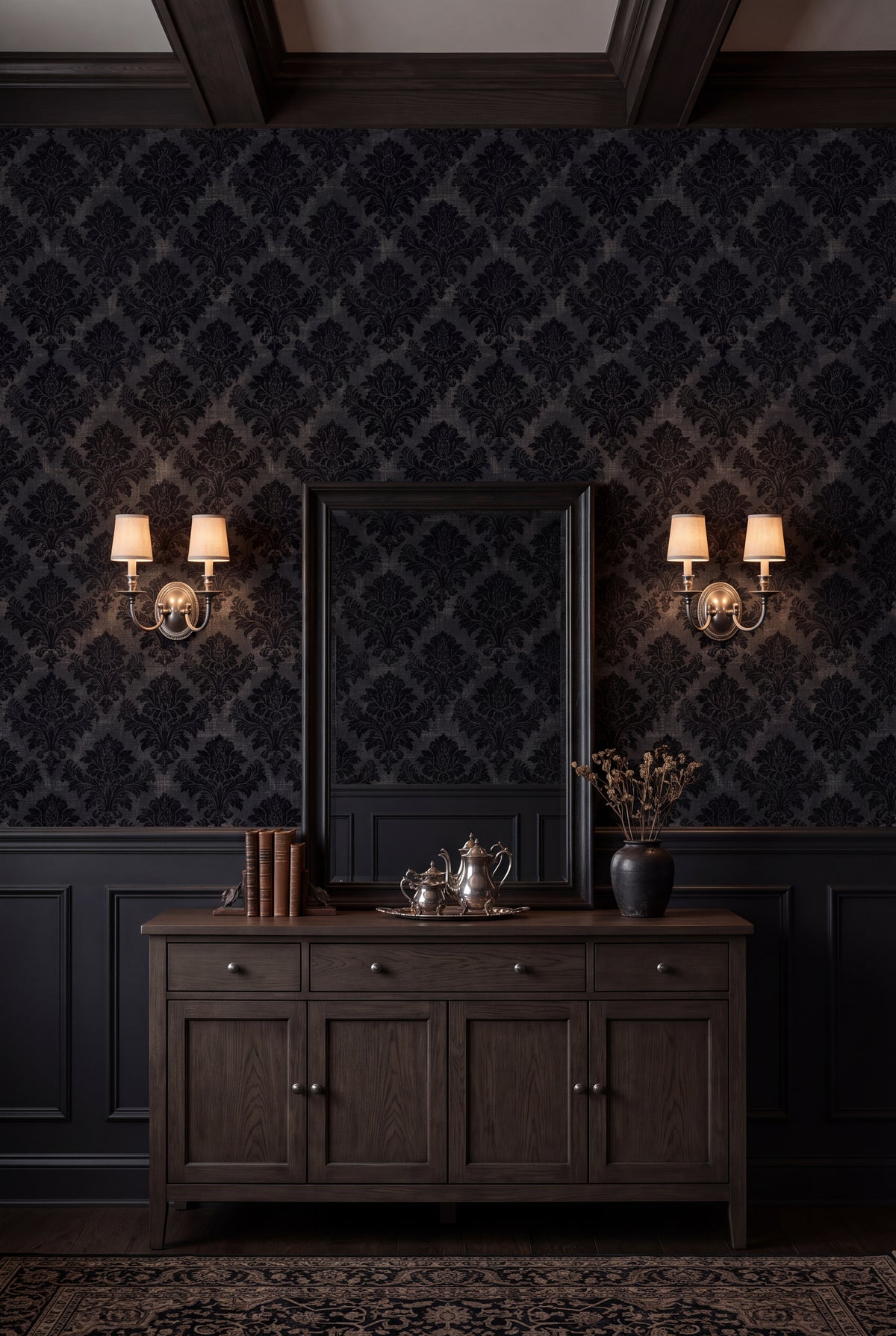 Obsidian Damask wallpaper shown in a dining room