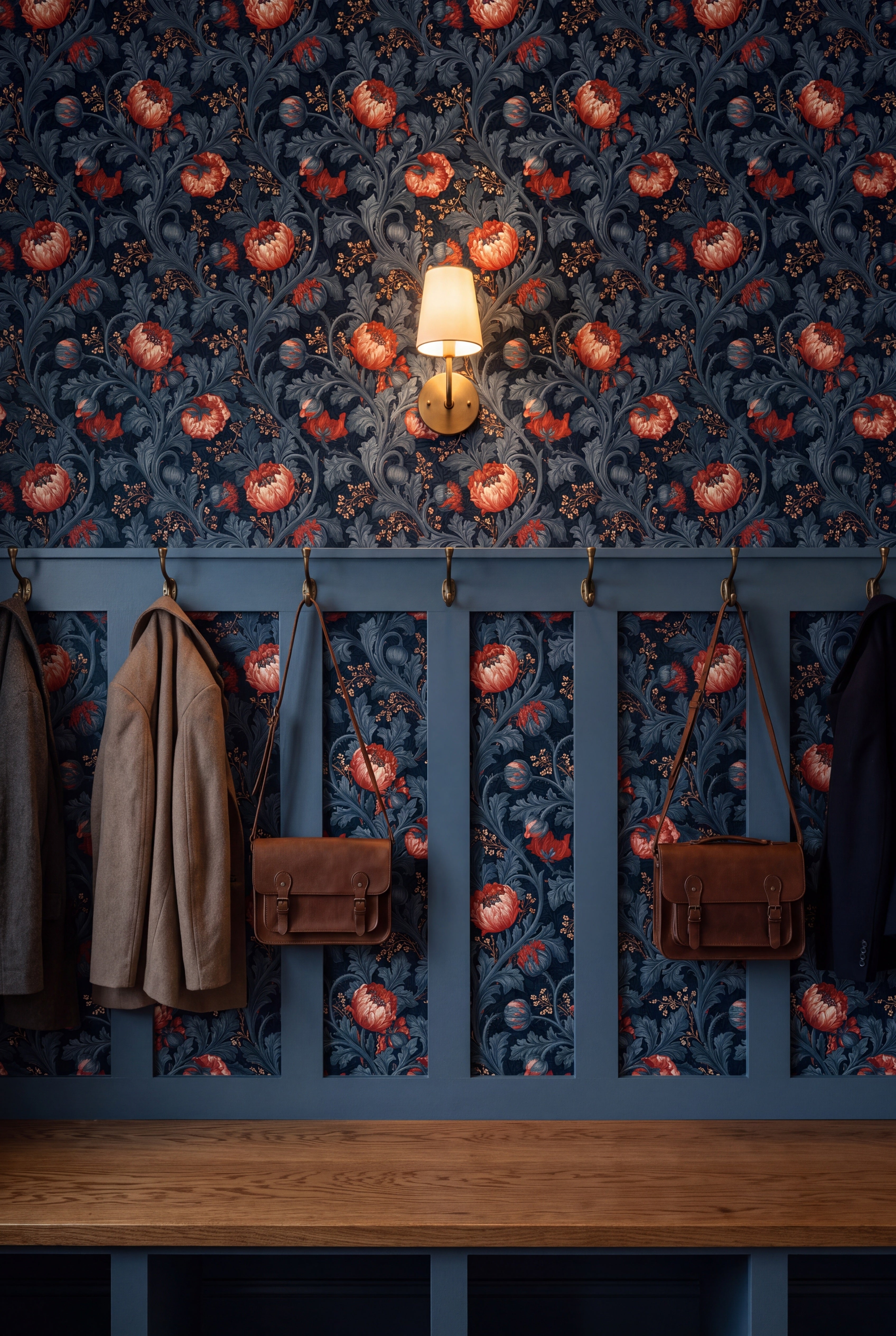 Coral Bower wallpaper shown in a mudroom