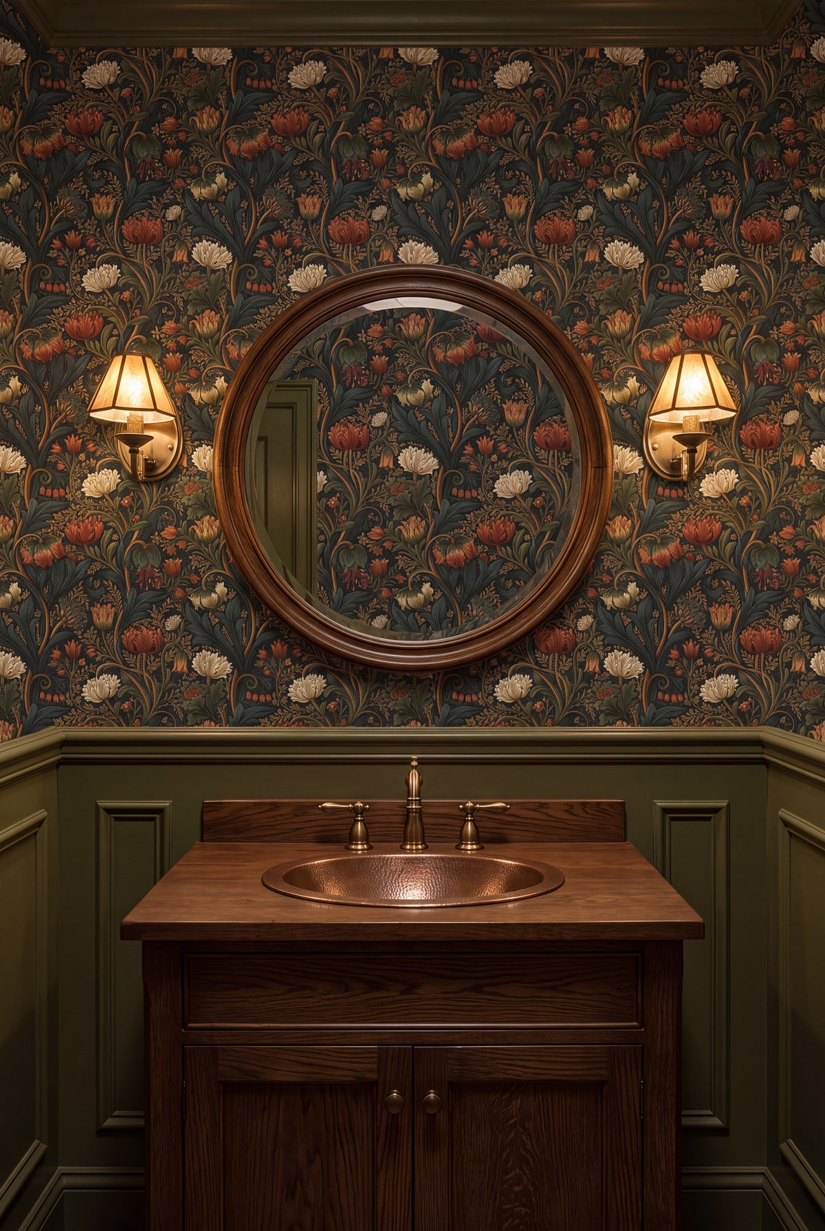 Ember Chrysanthemum wallpaper shown in a powder room