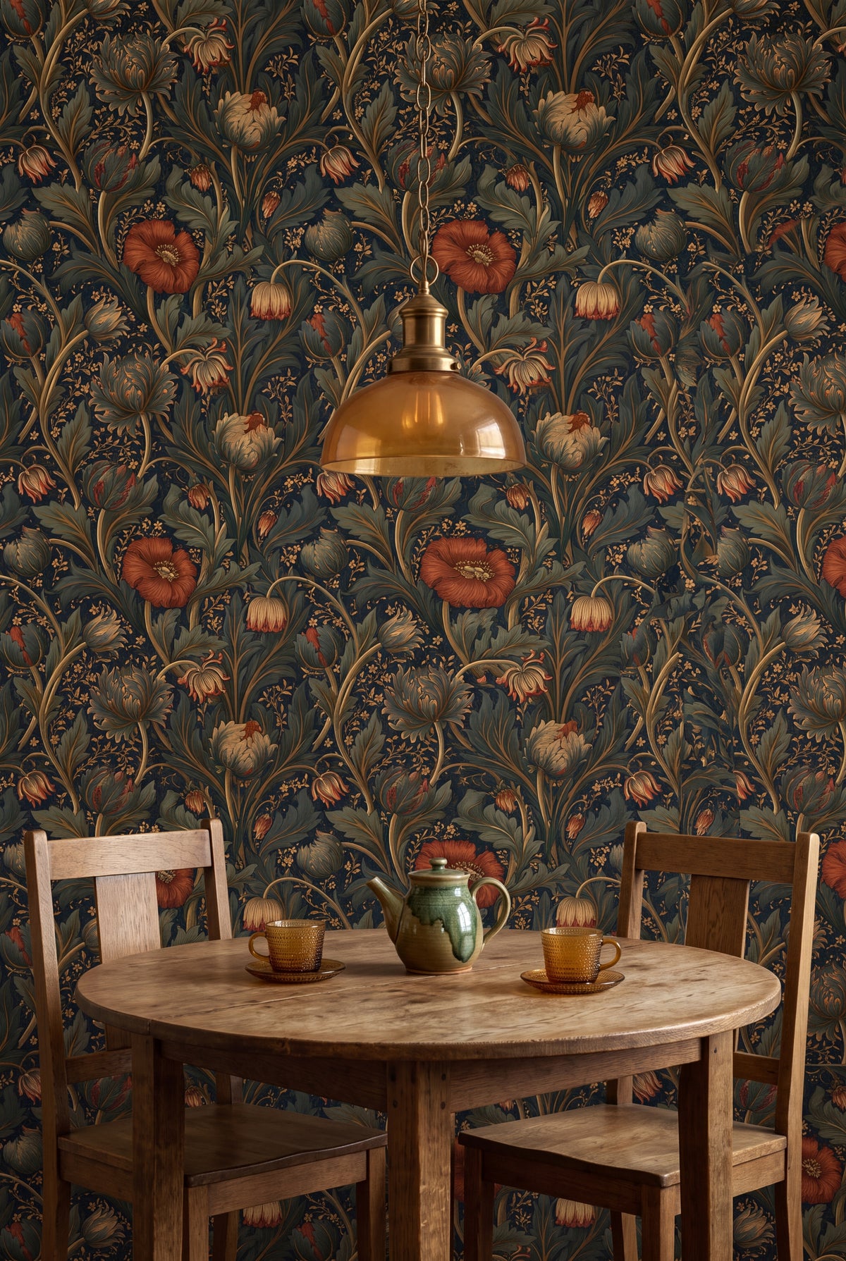 Amber Lily wallpaper shown in a kitchen breakfast nook