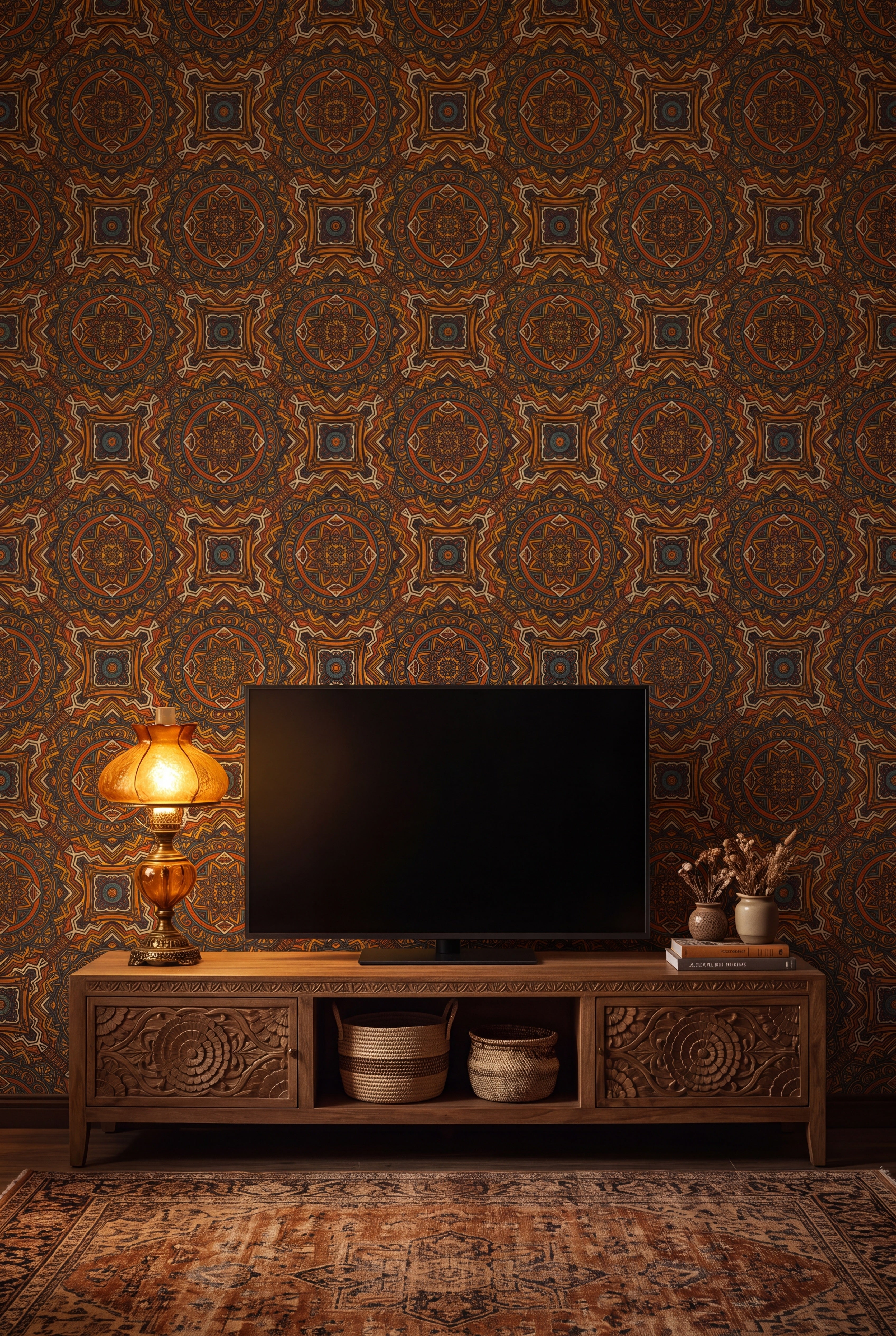 Caravan Mandala wallpaper shown in a media room