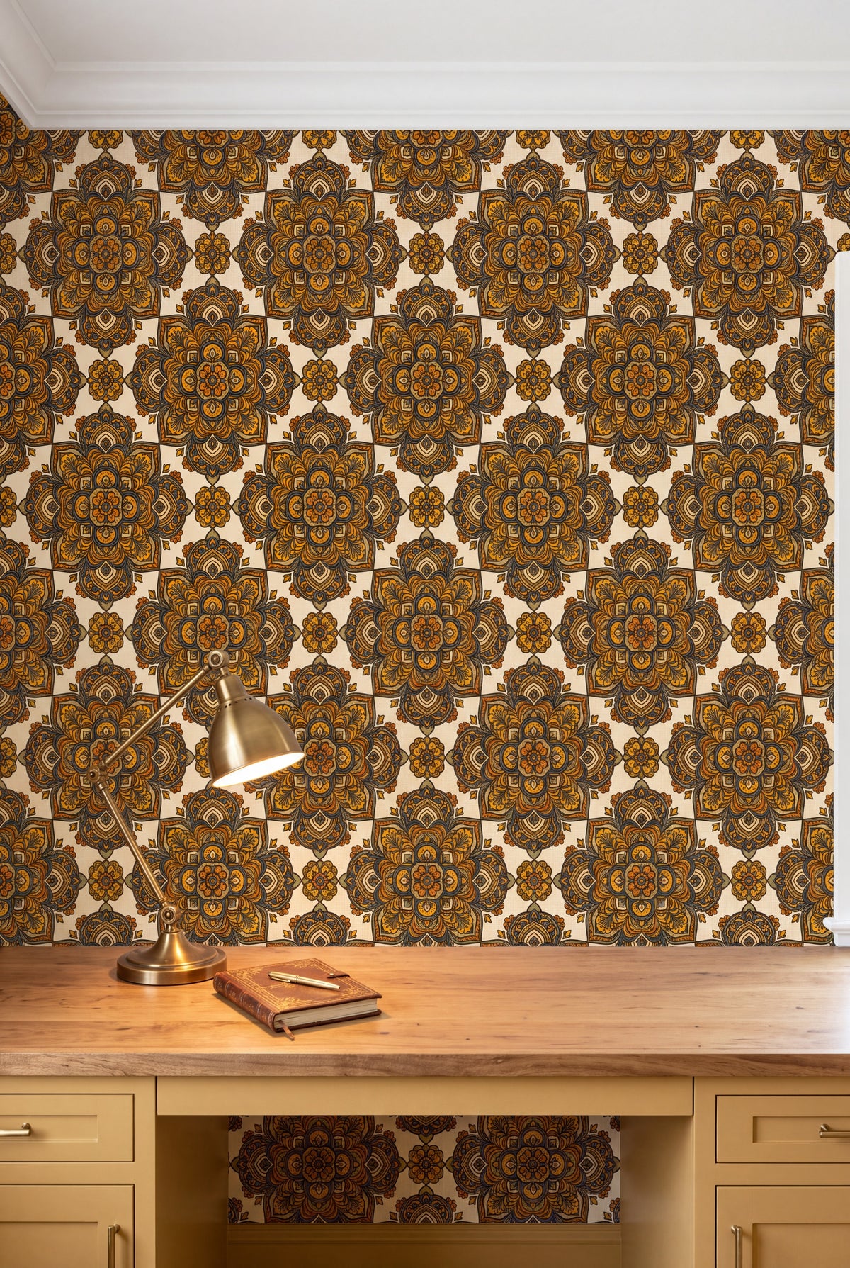 Saffron Mandala wallpaper shown in a home office