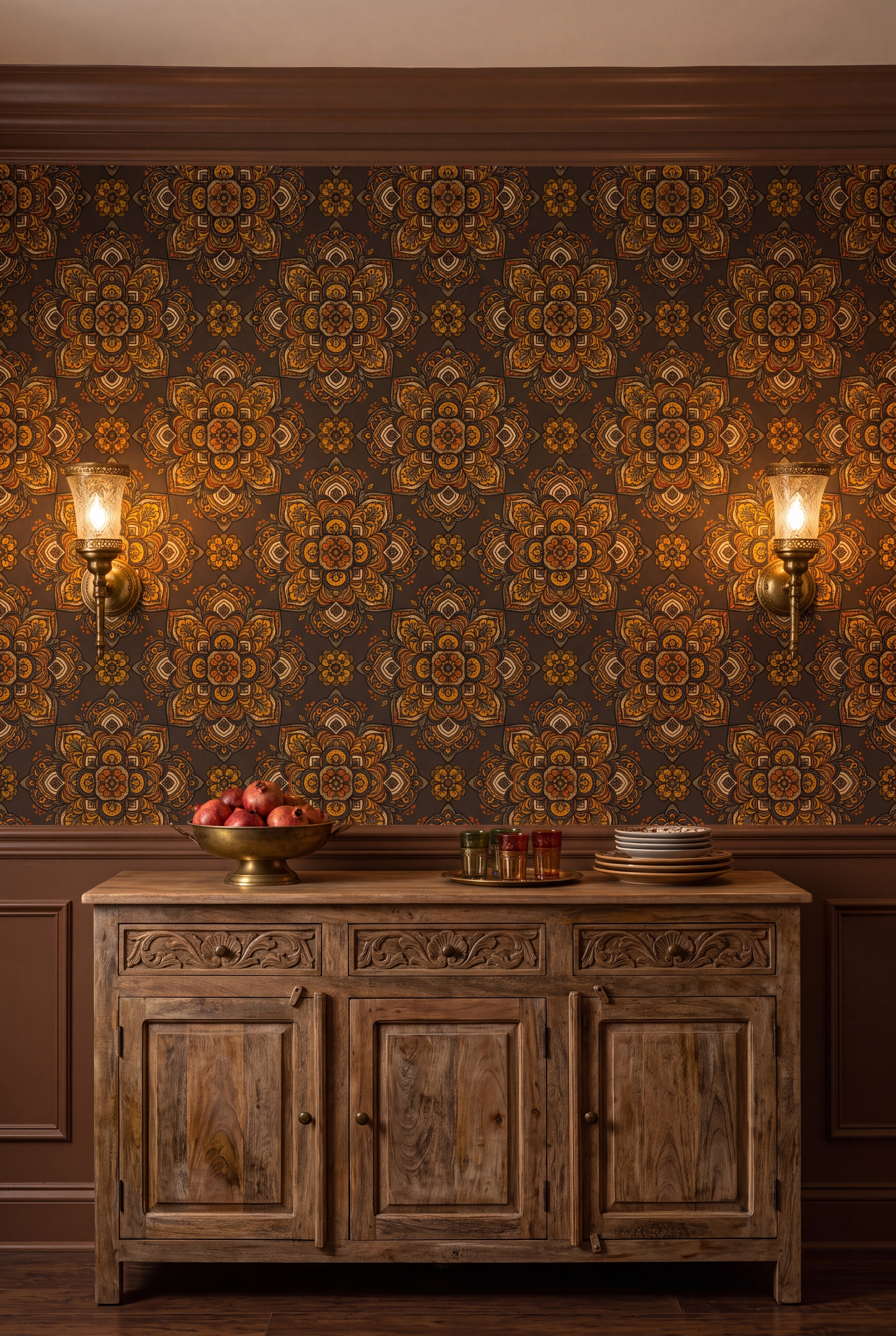 Marrakesh Medallion wallpaper shown in a dining room