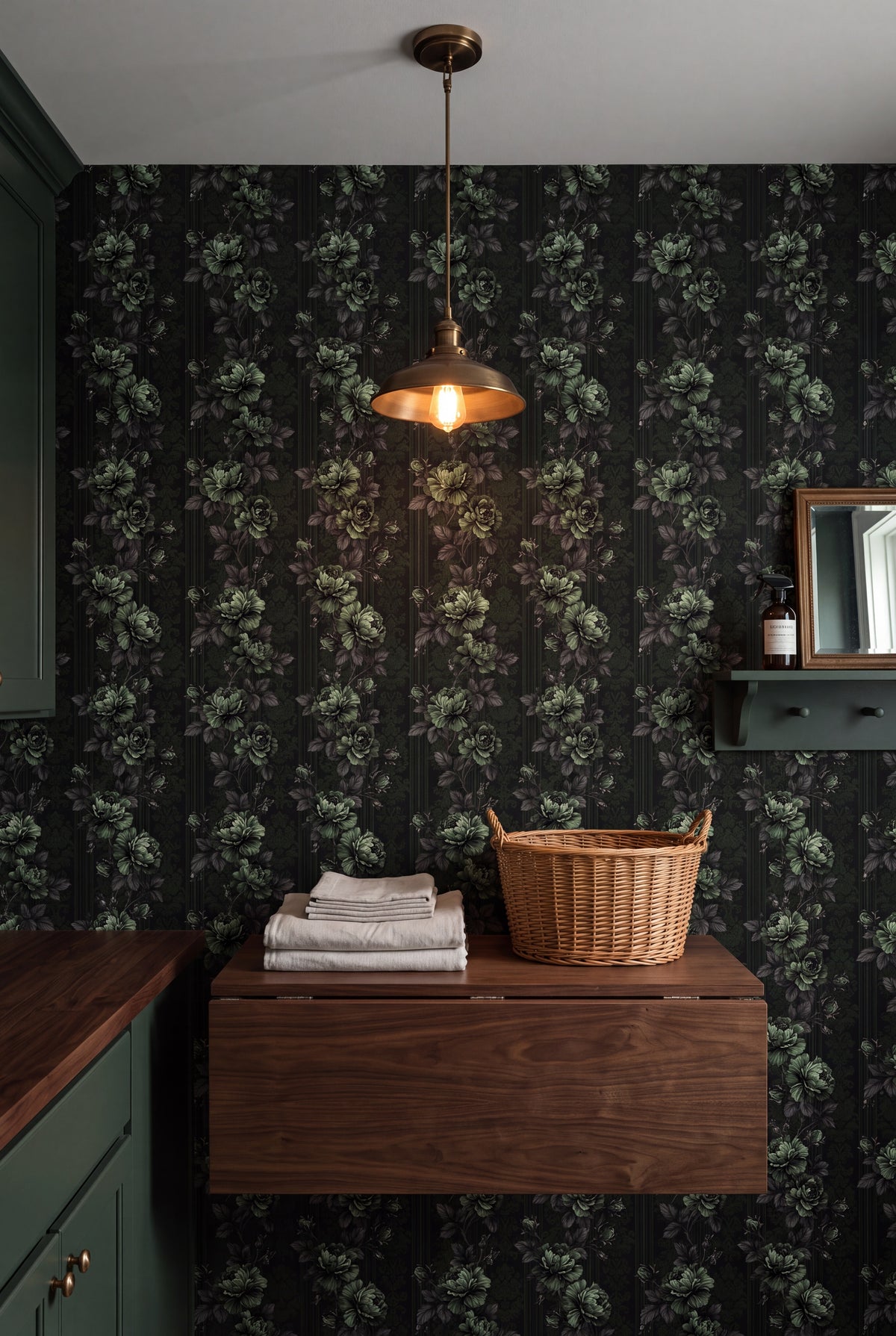 Ivy Nocturne wallpaper shown in a laundry room