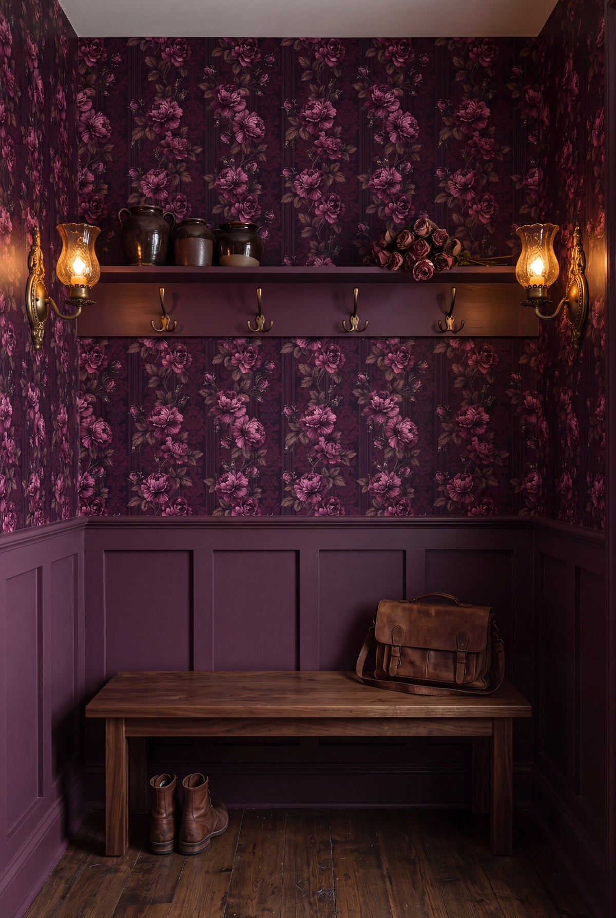 Damson Rose wallpaper shown in a mudroom