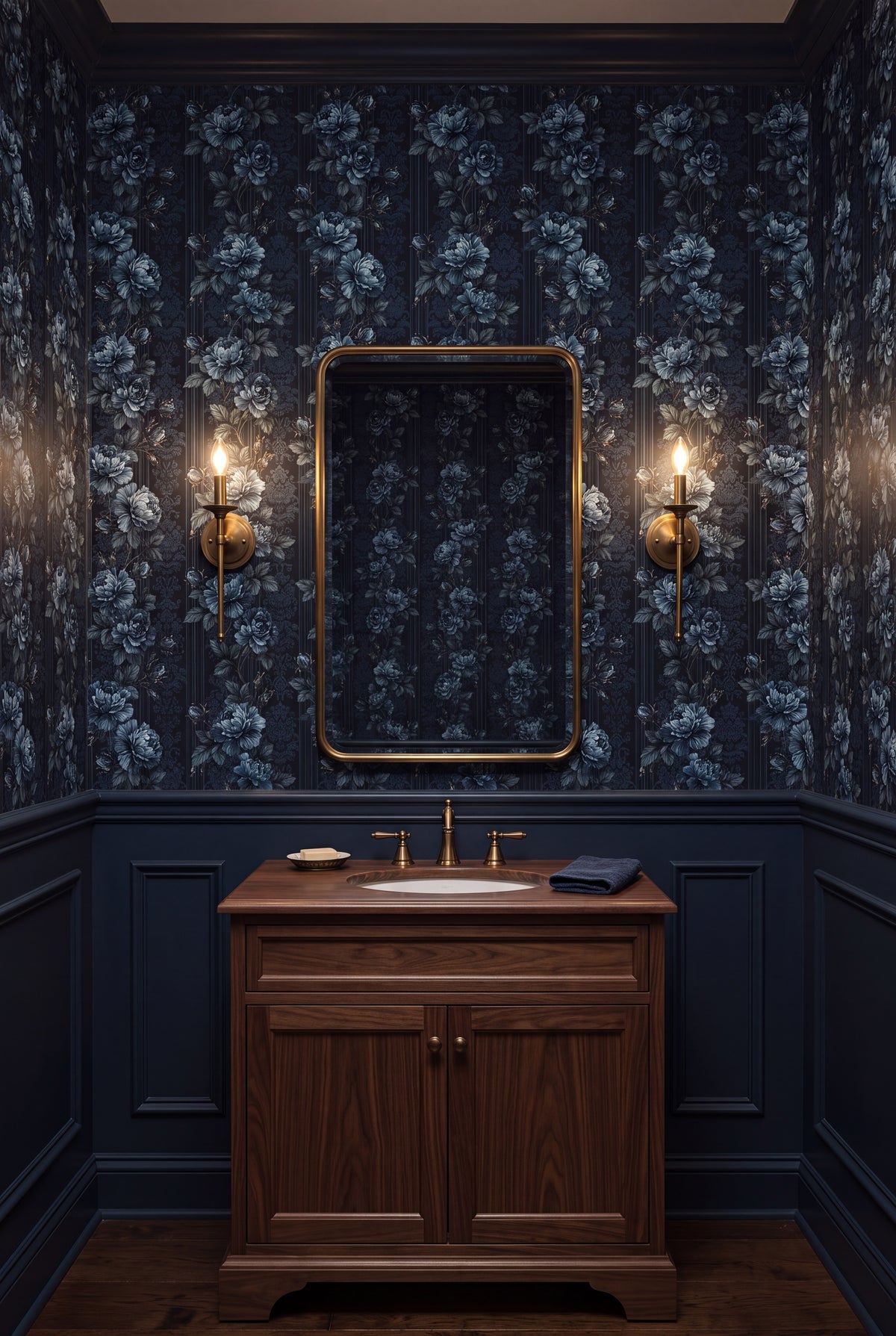 Midnight Rose wallpaper shown in a powder room