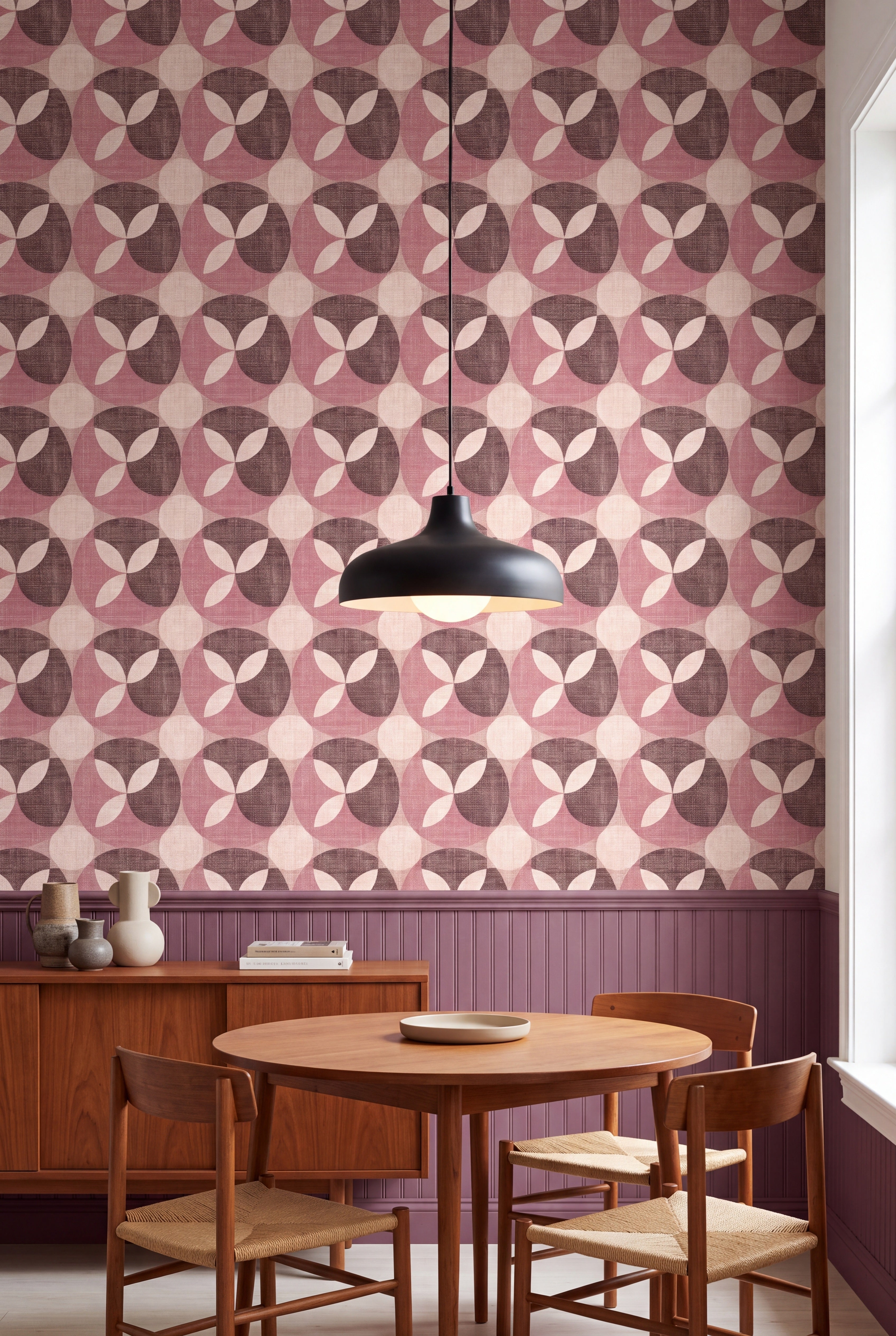Rosewood Petal wallpaper shown in a kitchen breakfast nook