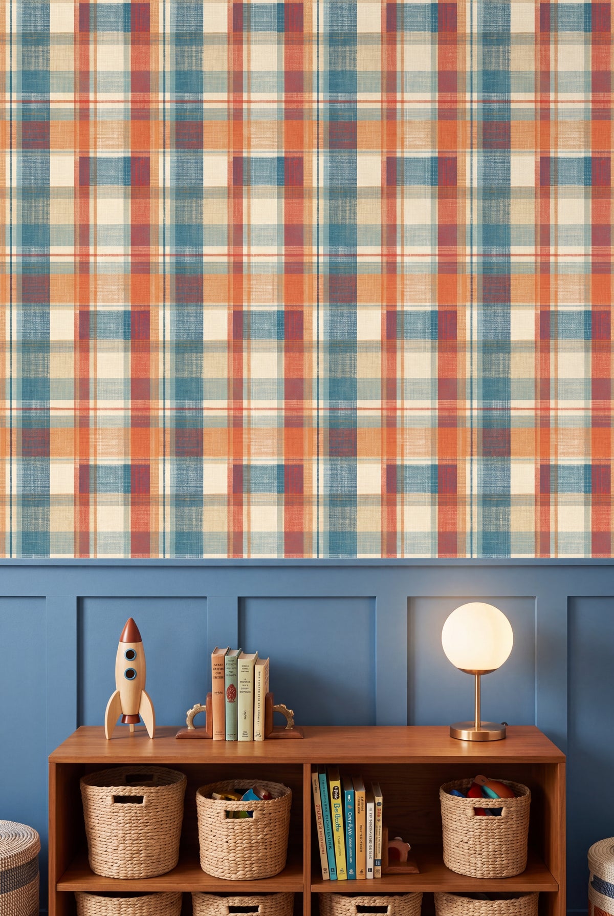 Camp Plaid wallpaper shown in a kids room