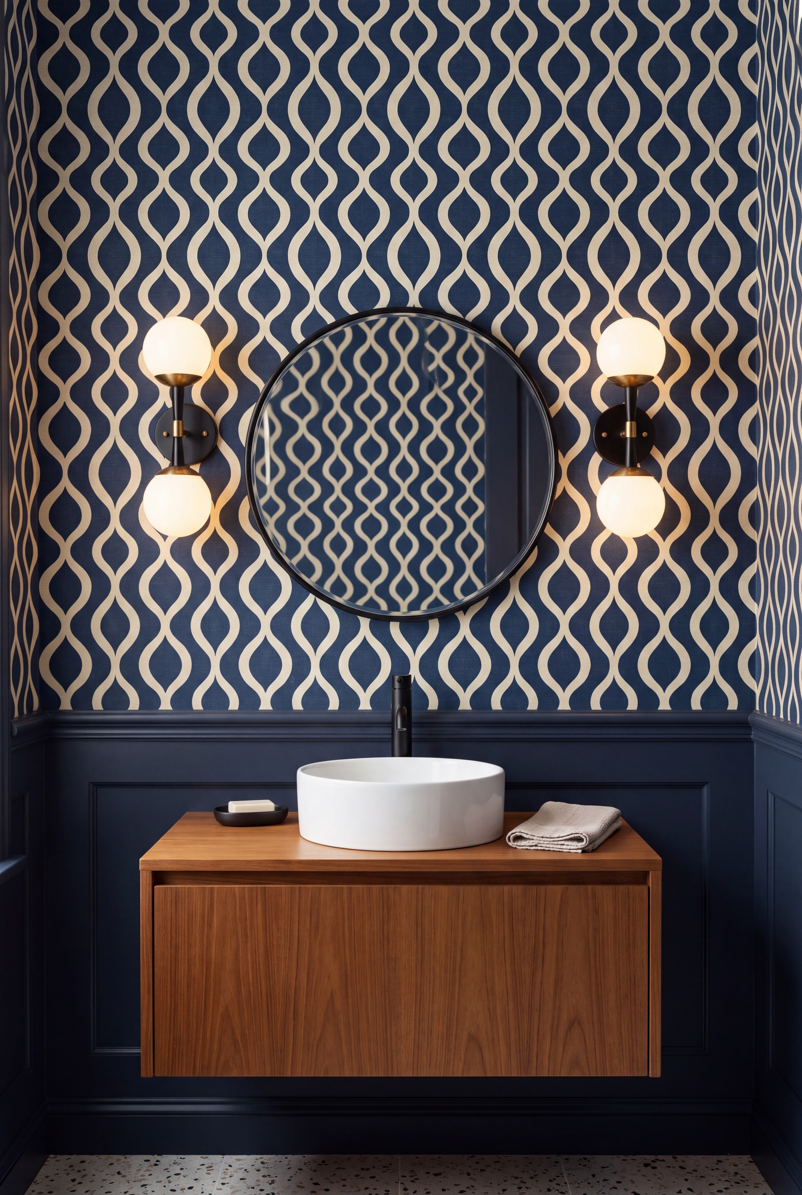 Navy Pendulum wallpaper shown in a powder room