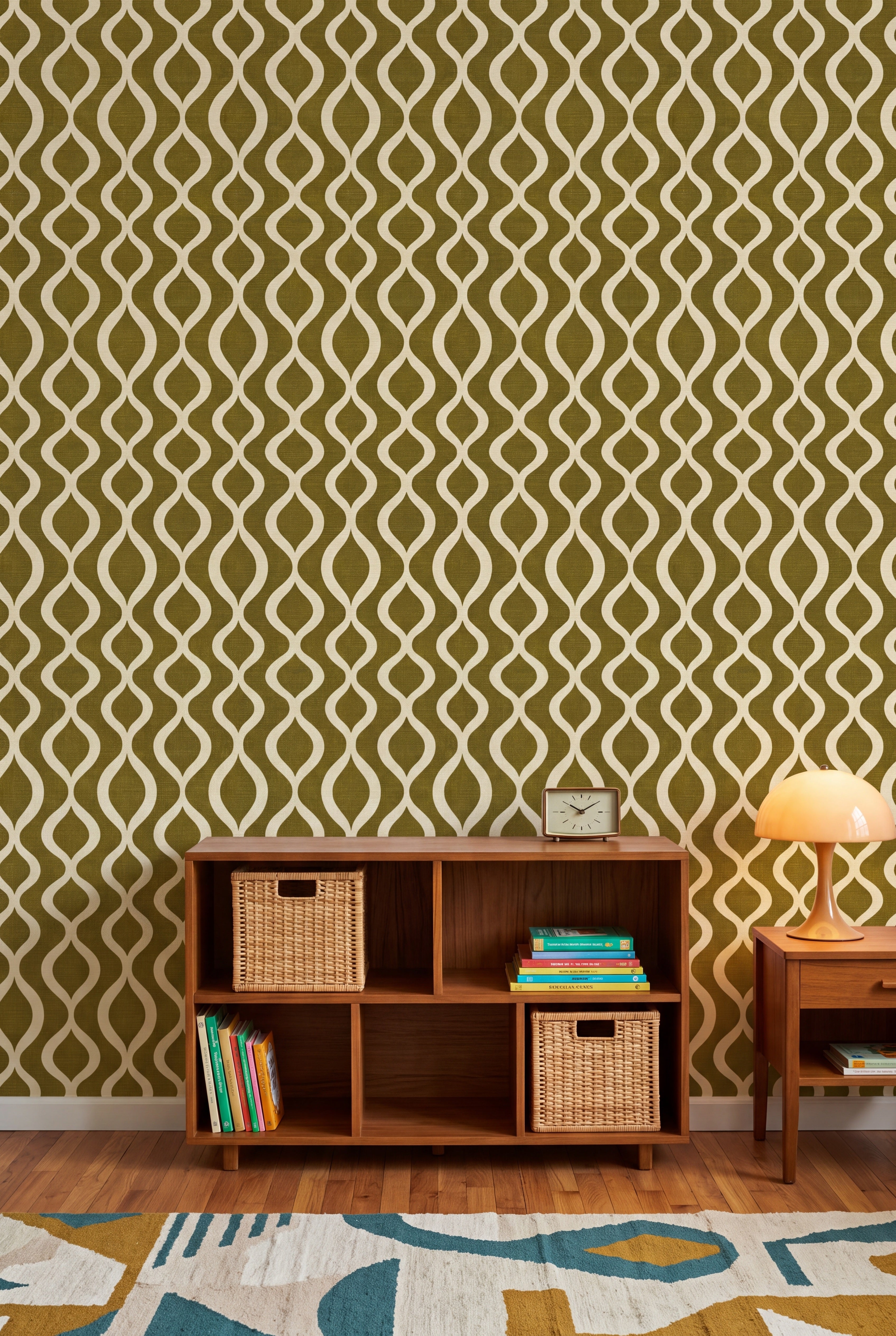 Olive Pendulum wallpaper shown in a kids room