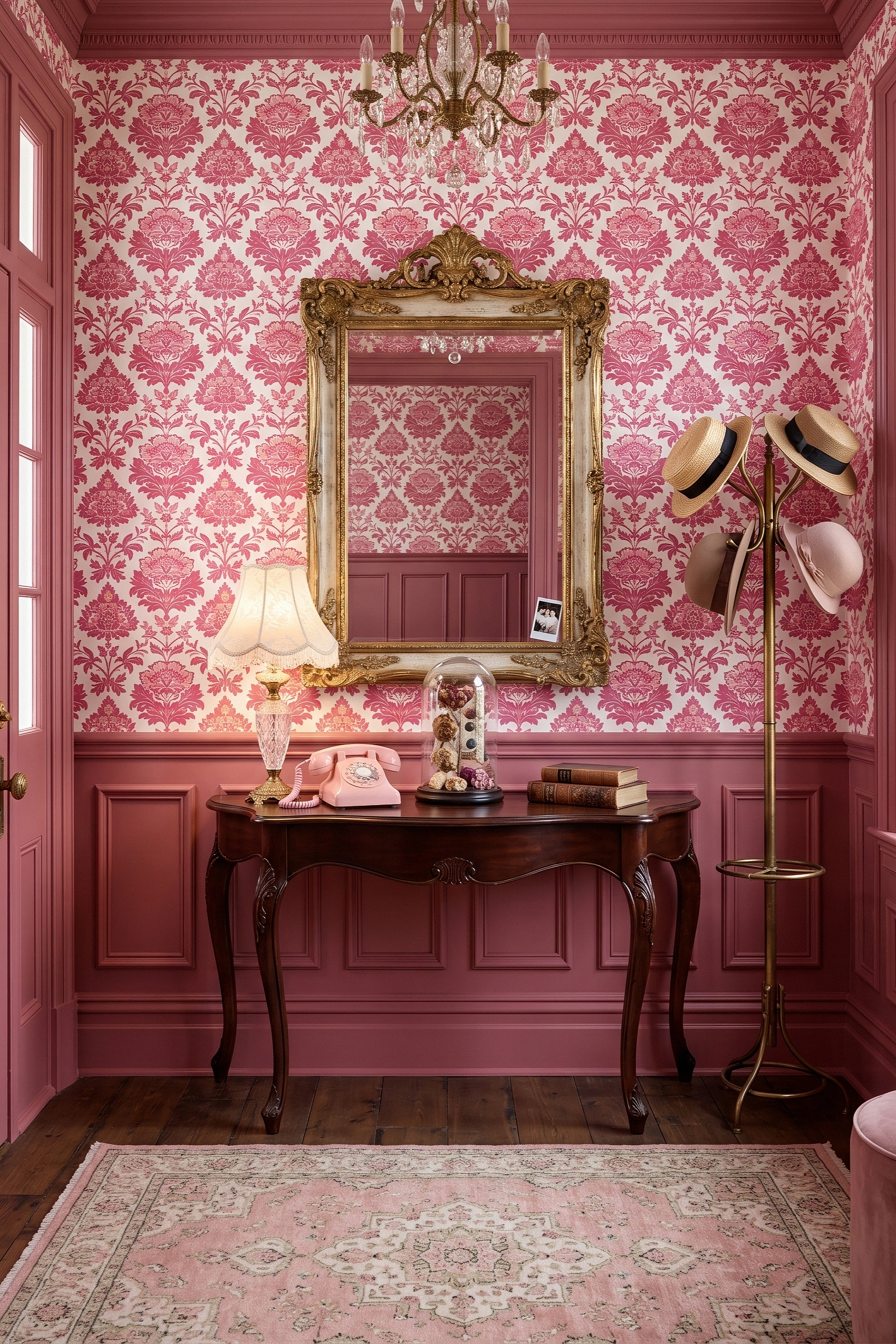 Dollhouse wallpaper shown in an entryway