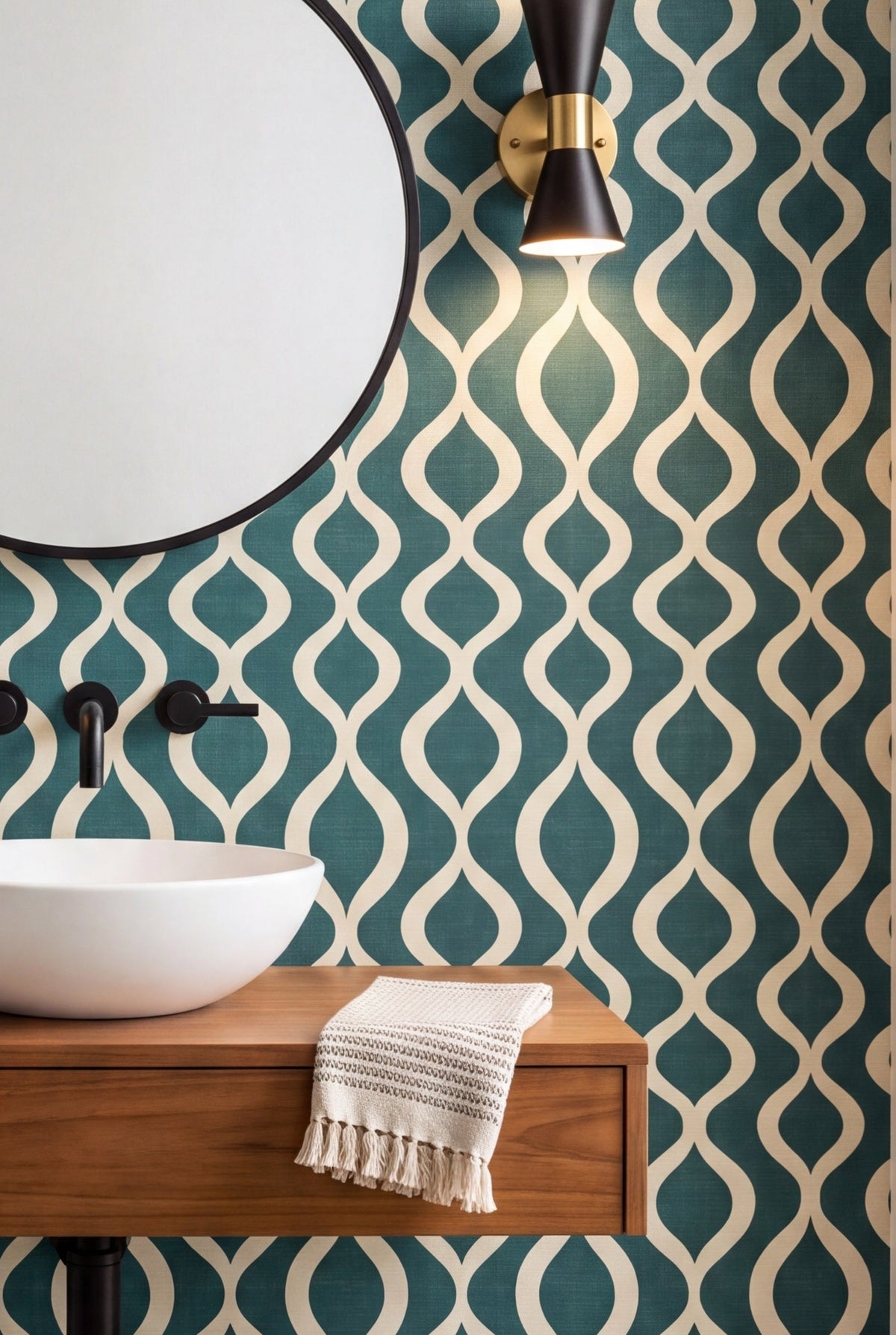 Lagoon Pendulum wallpaper shown in a powder room