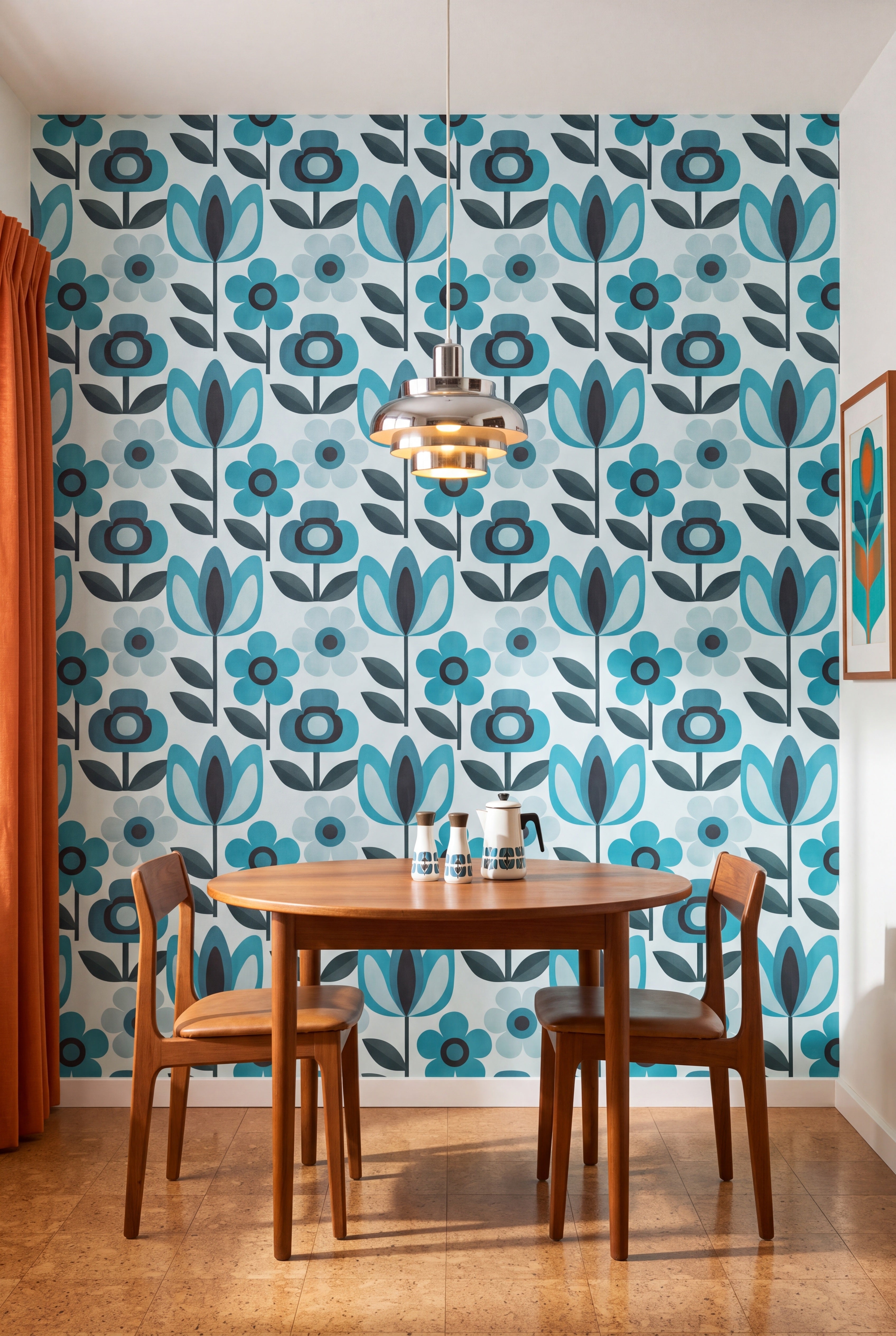 Aqua Daisy wallpaper shown in a kitchen breakfast nook