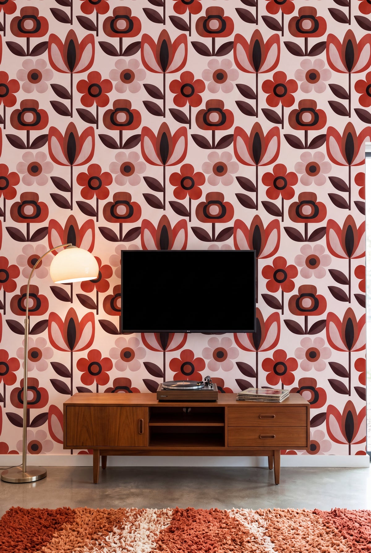 Scarlet Daisy wallpaper shown in a media room