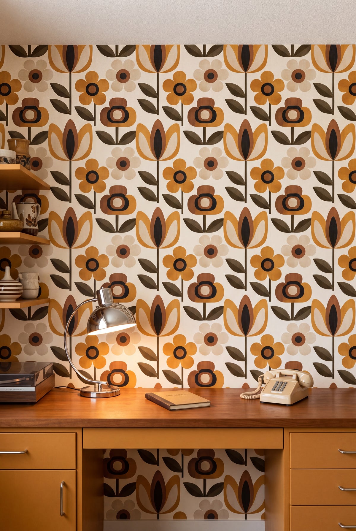 Marigold Daisy wallpaper shown in a home office