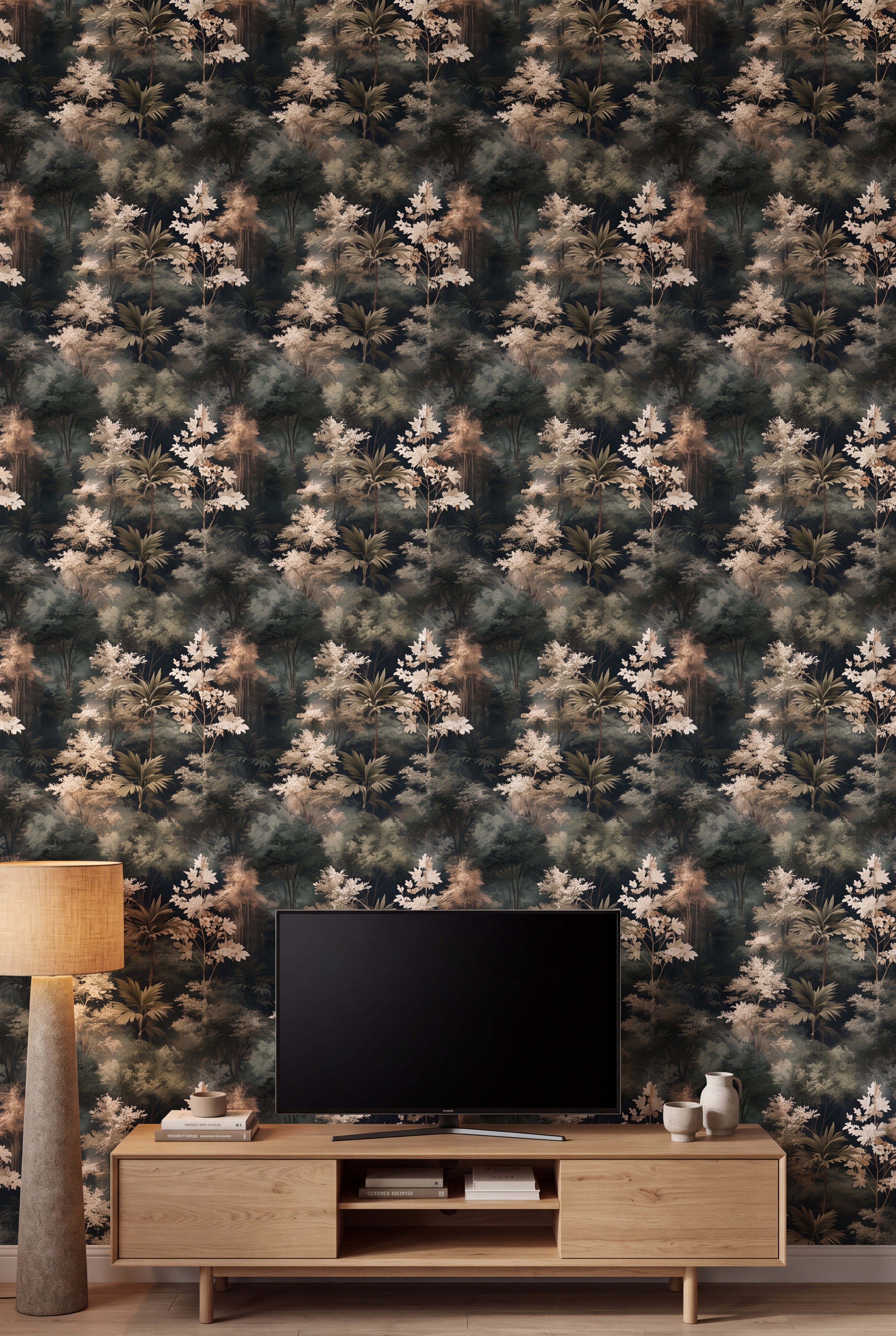 Misted Grove wallpaper shown in a media room