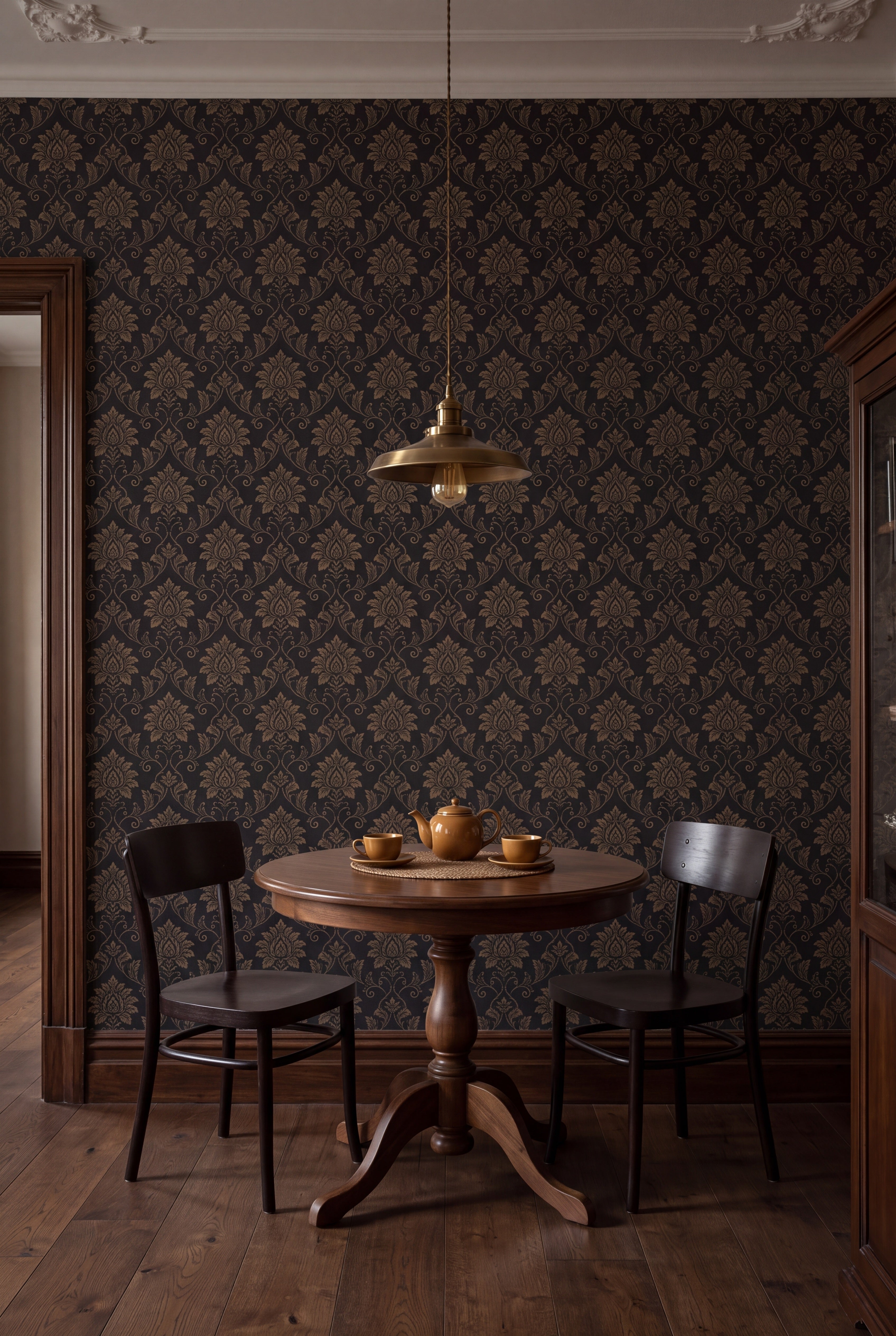 Bronze Damask wallpaper shown in a kitchen breakfast nook