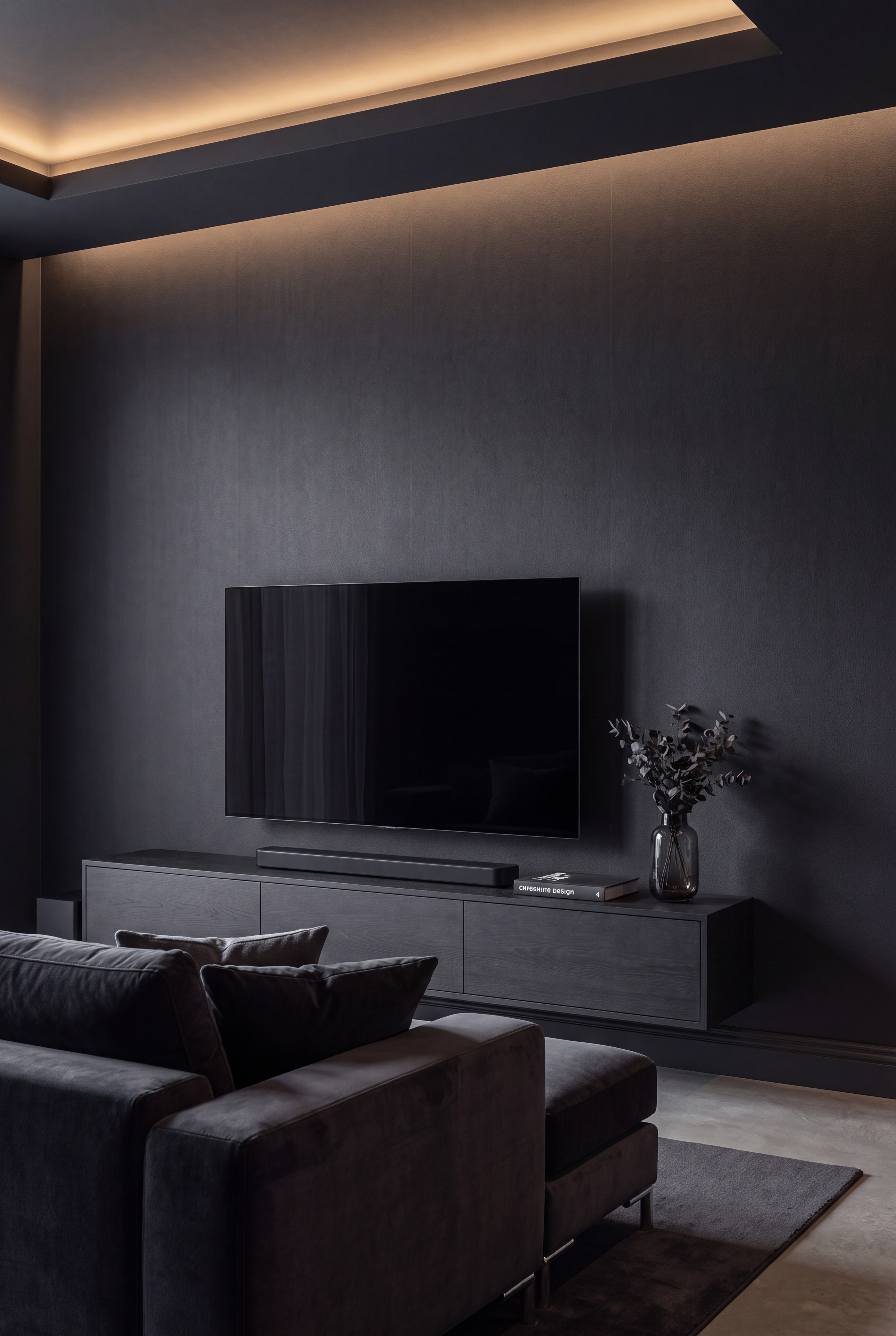 Ink Wash wallpaper shown in a media room