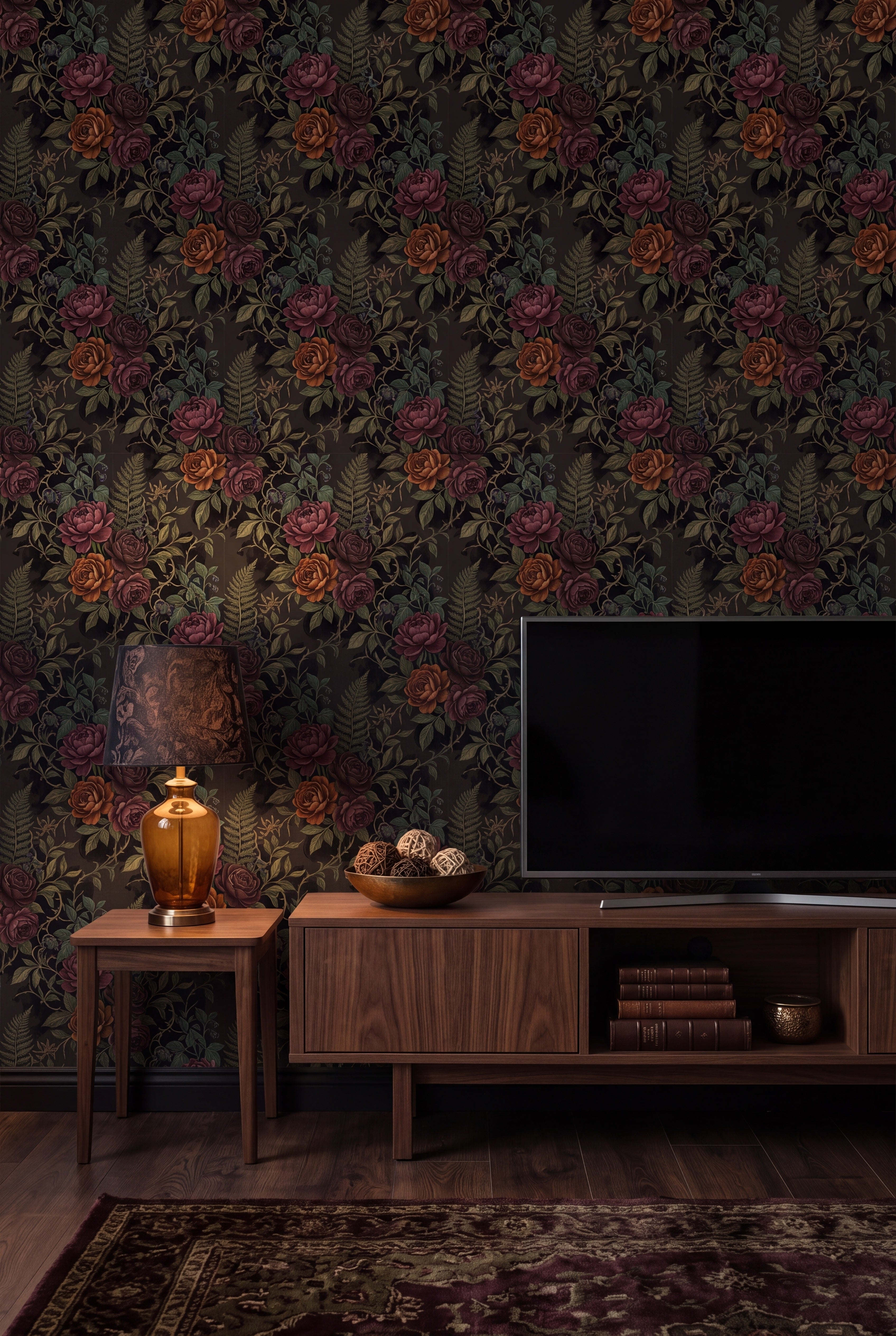 Ember Rose Fern wallpaper shown in a media room