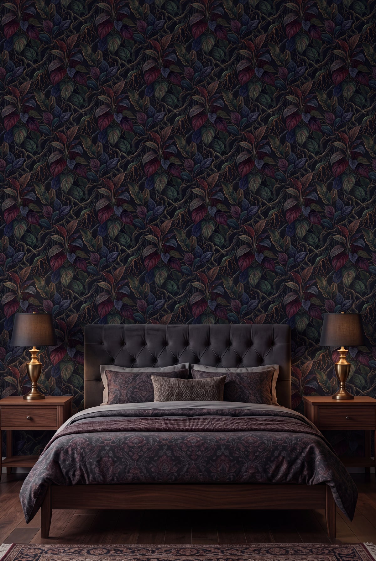 Nightvine wallpaper shown in a bedroom