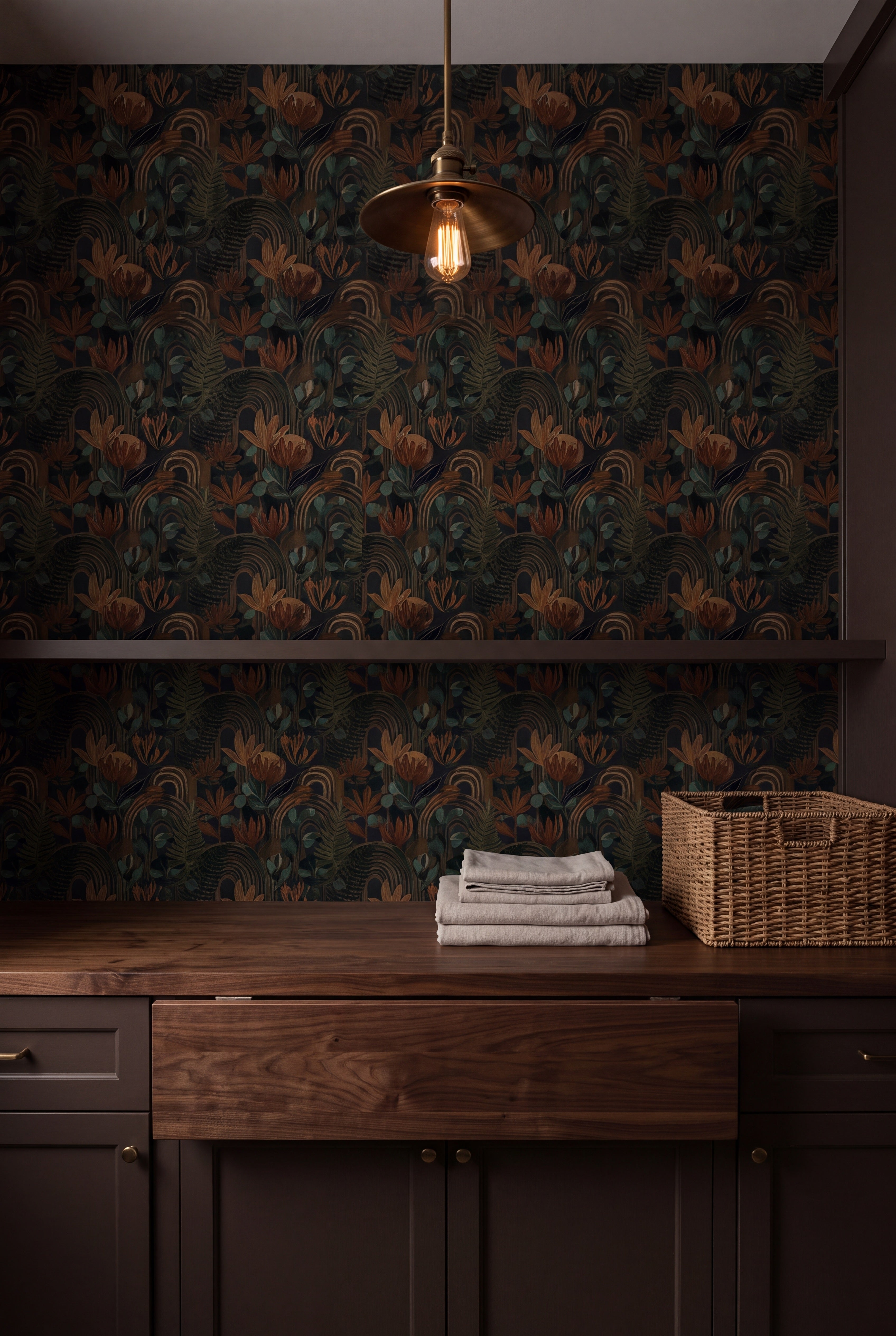 Umber Arbor wallpaper shown in a laundry room