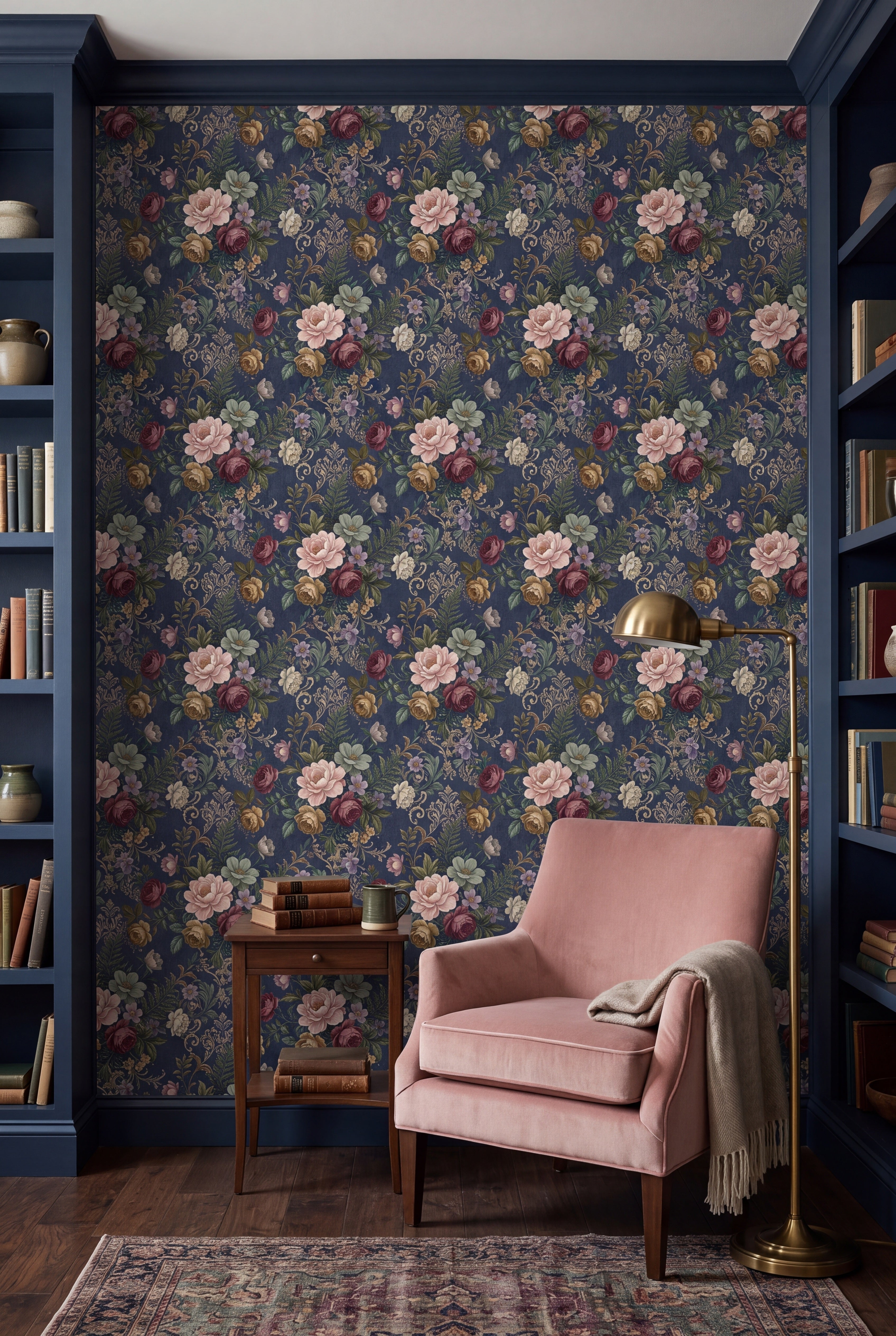 Indigo Chintz wallpaper shown in a reading nook