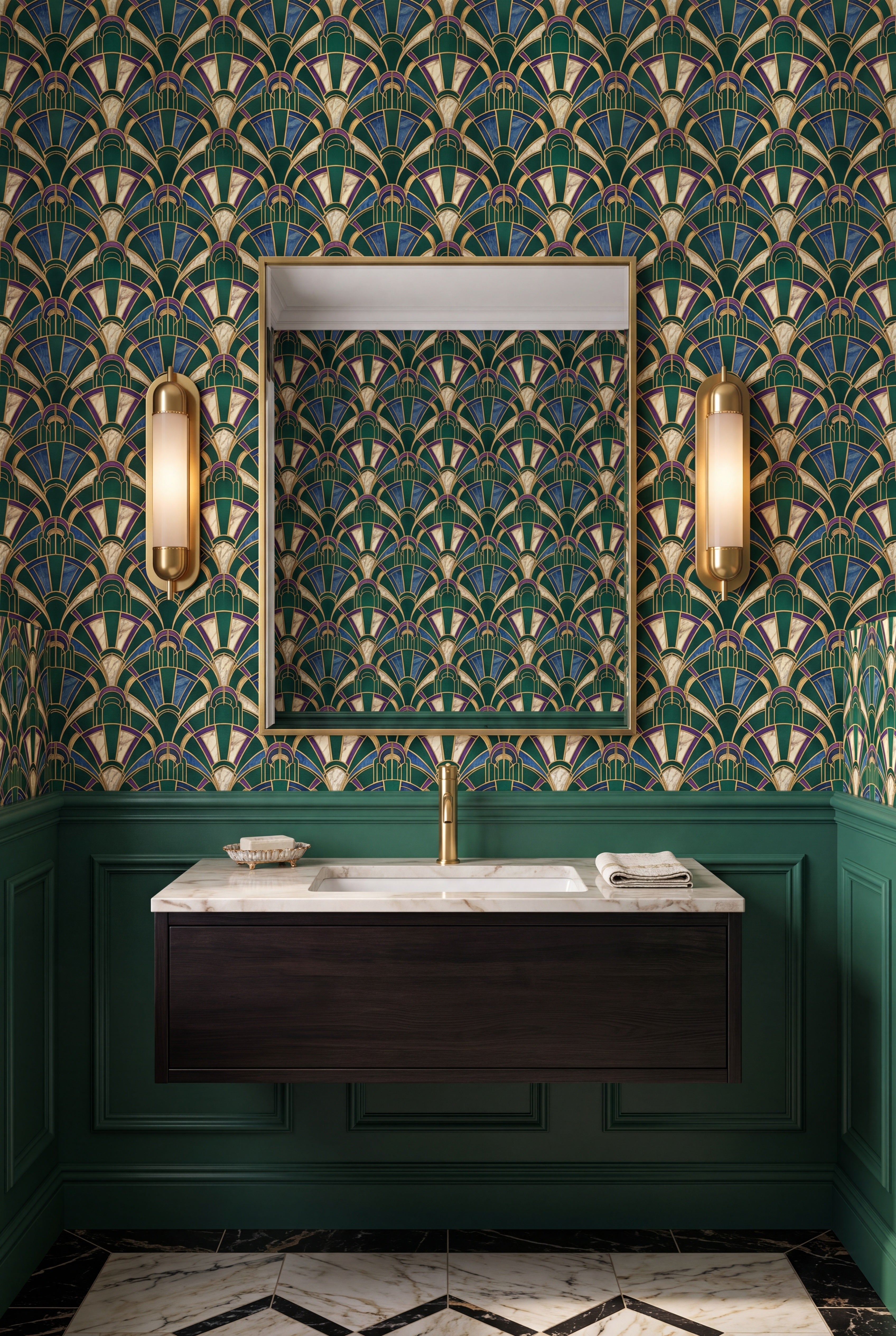 Emerald Deco Fan wallpaper shown in a powder room