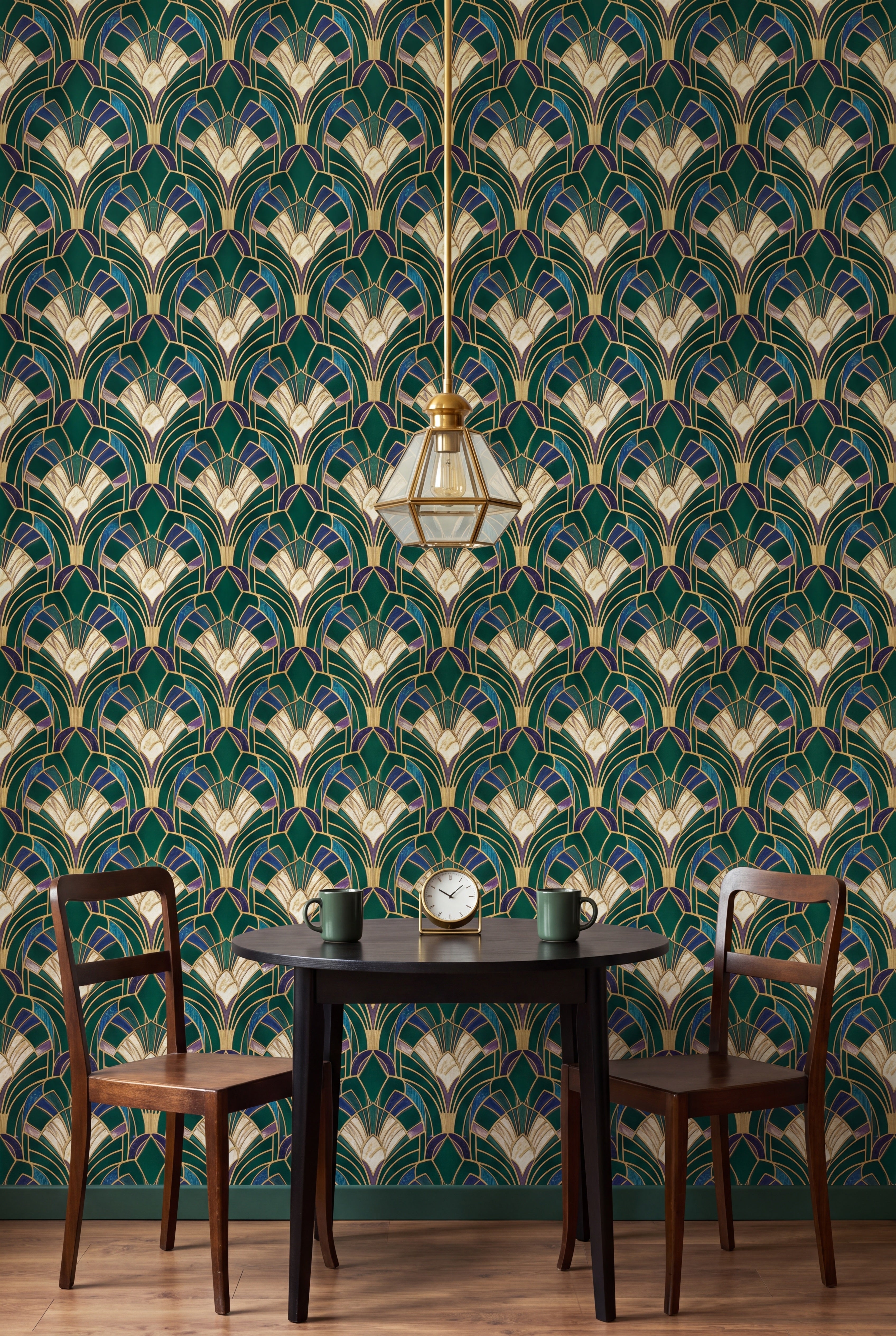 Jade Deco Fan wallpaper shown in a kitchen breakfast nook