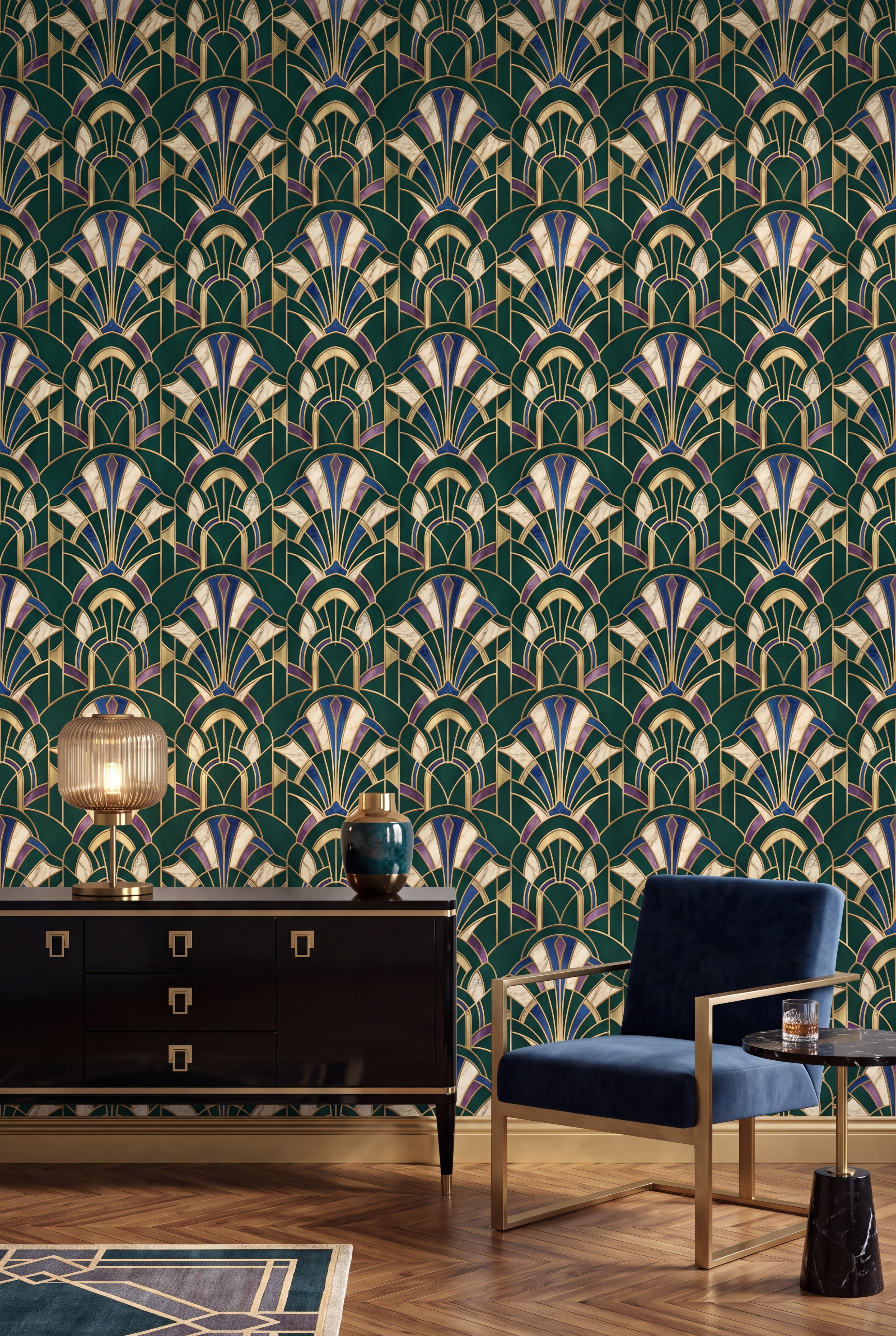Malachite Arch wallpaper shown in a living room