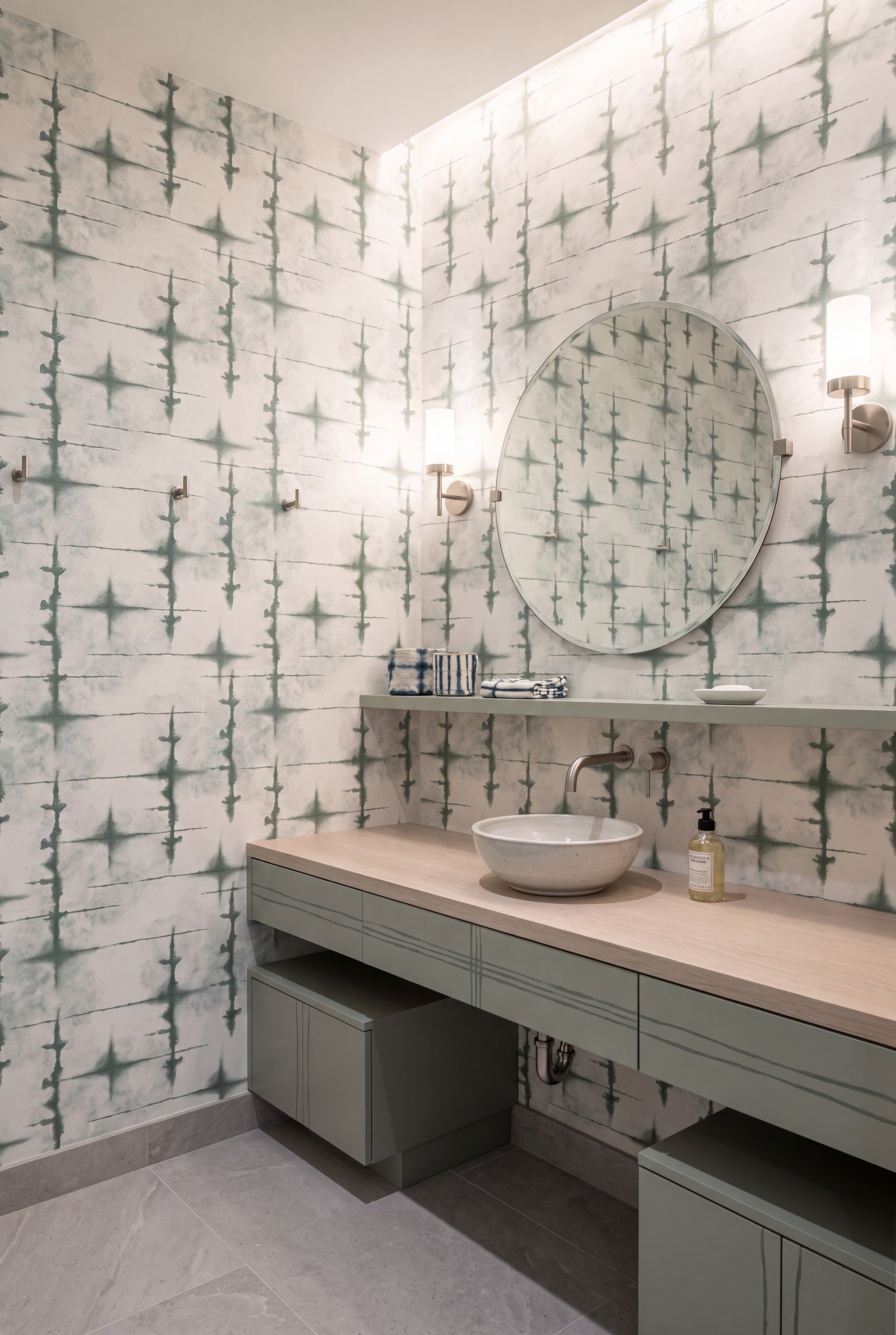 Julep Swirl wallpaper shown in a powder room