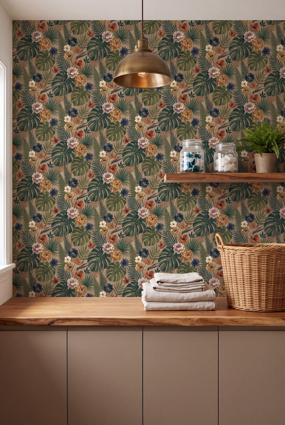 Taupe Tropic wallpaper shown in a laundry room