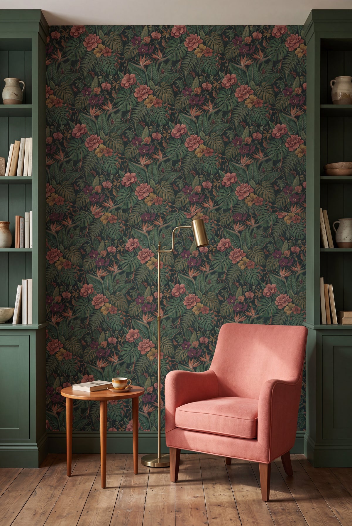 Jungle Bloom wallpaper shown in a reading nook