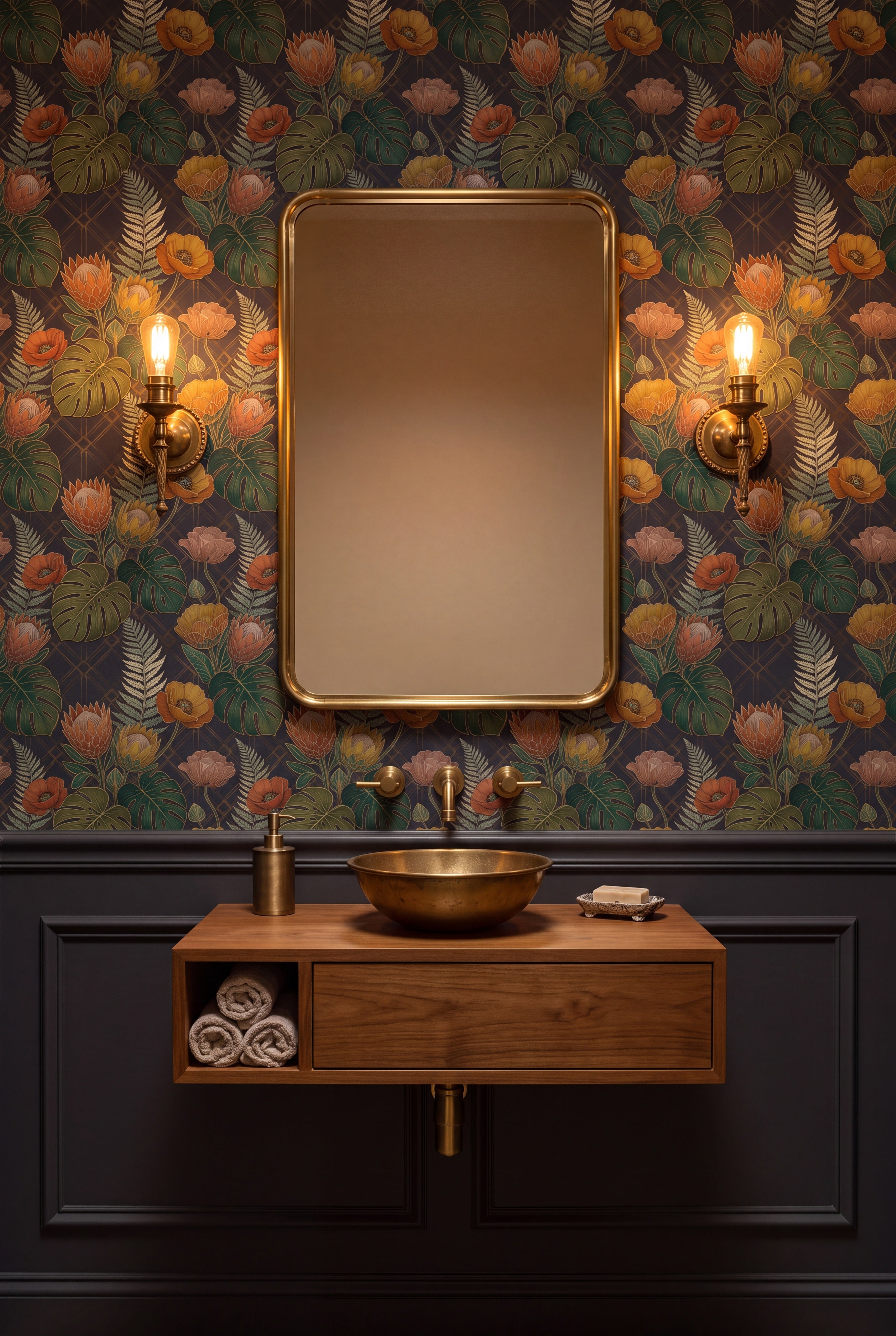 Protea Nocturne wallpaper shown in a powder room