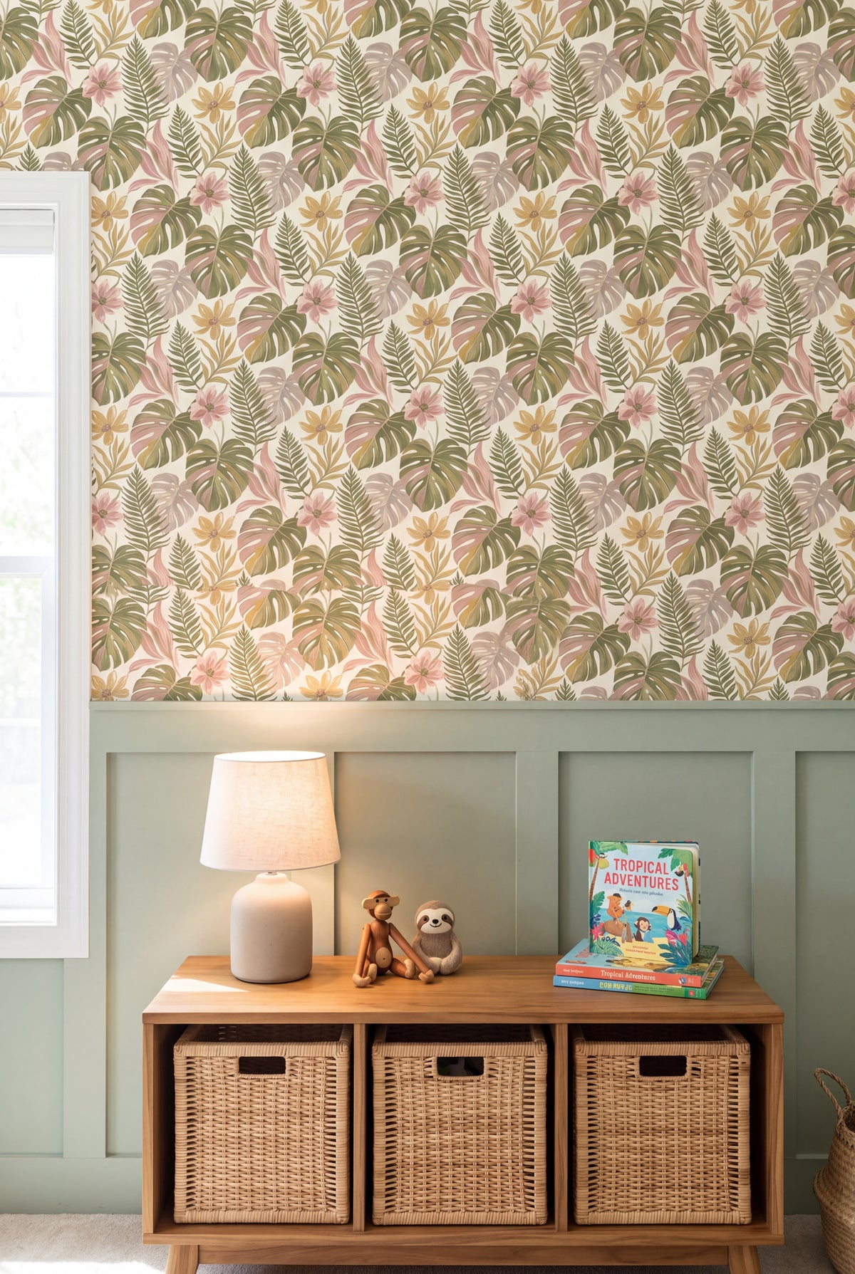 Fernwood Blush wallpaper shown in a kids room