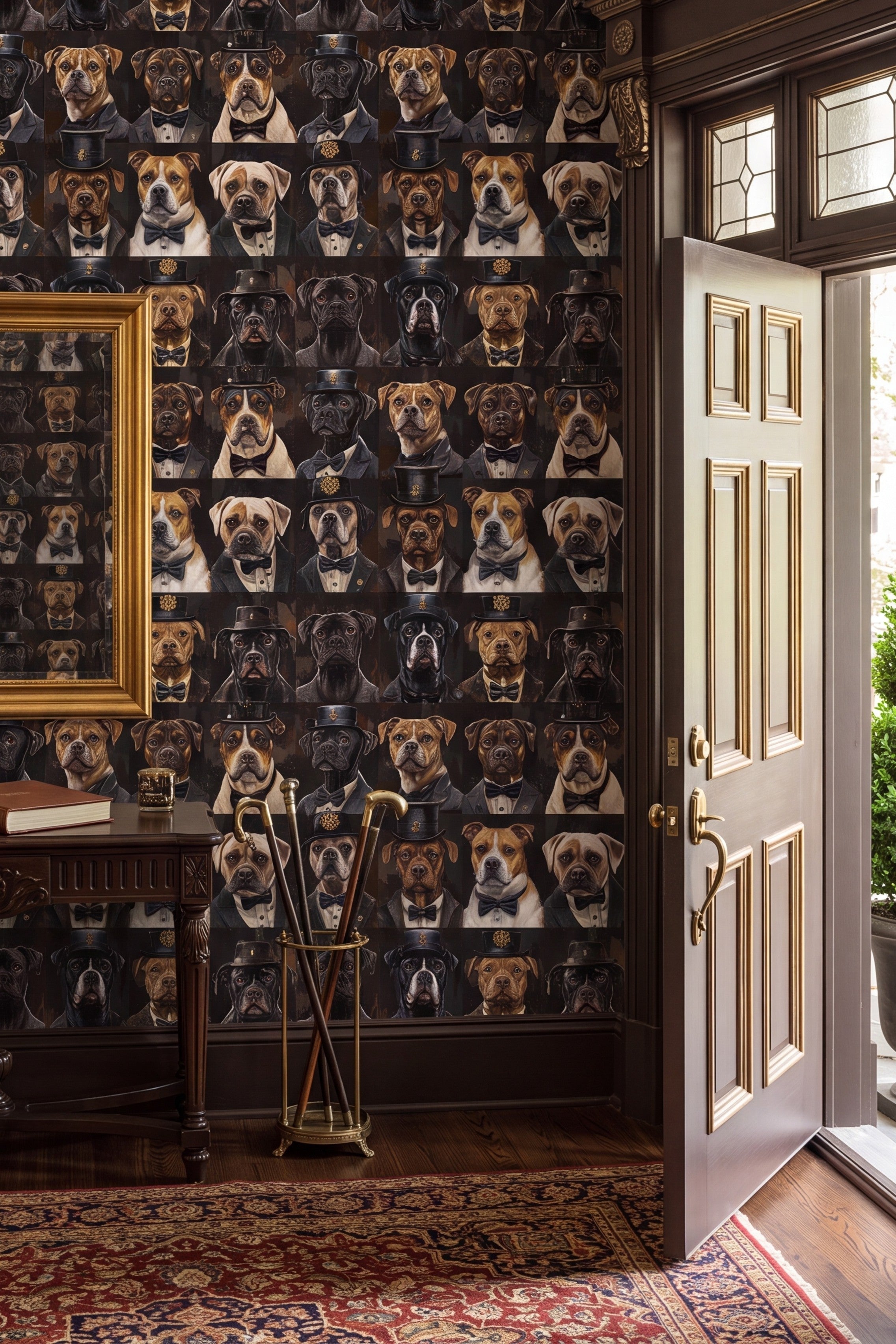 Good Boy Noir wallpaper shown in an entryway
