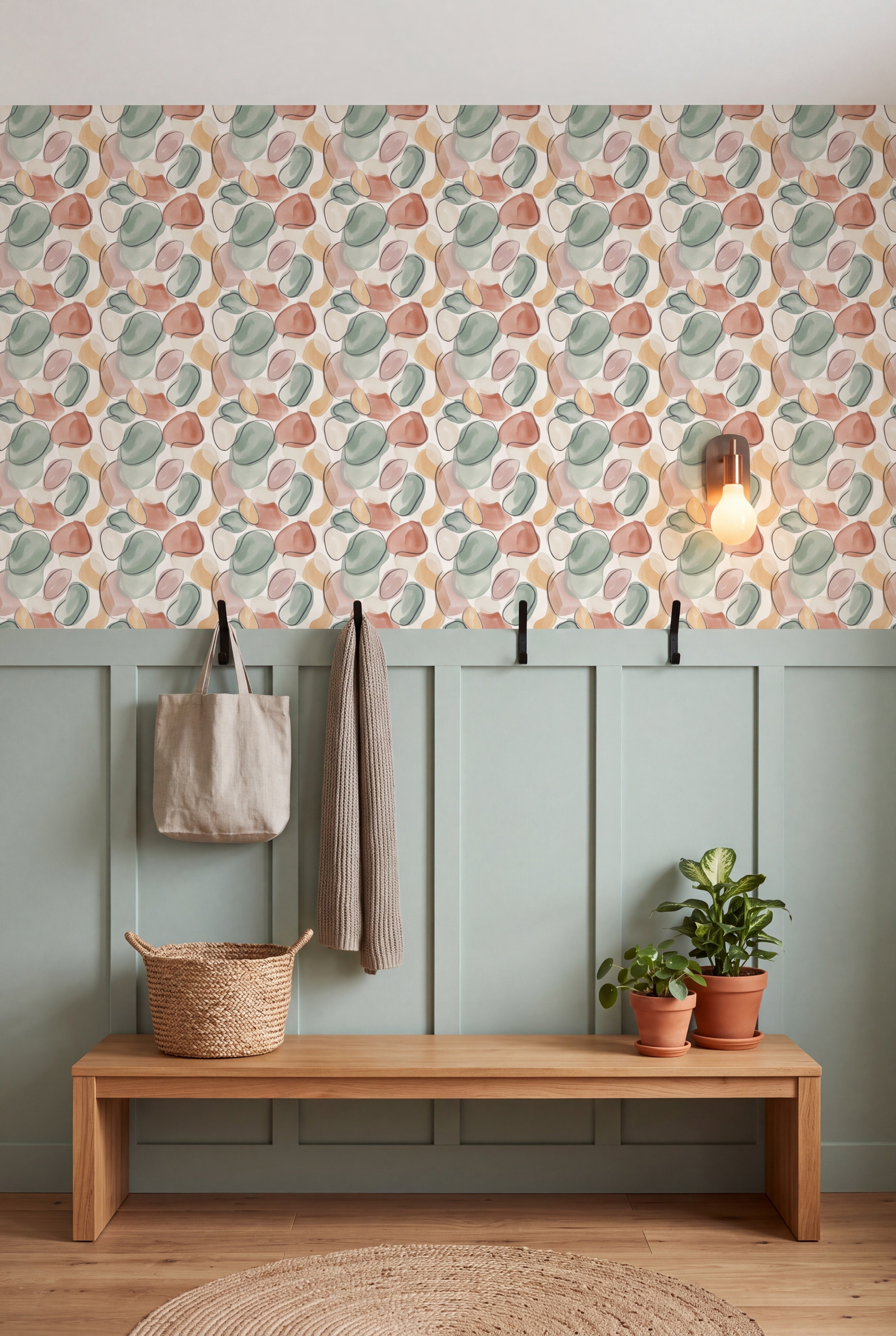 River Pebble wallpaper shown in a mudroom