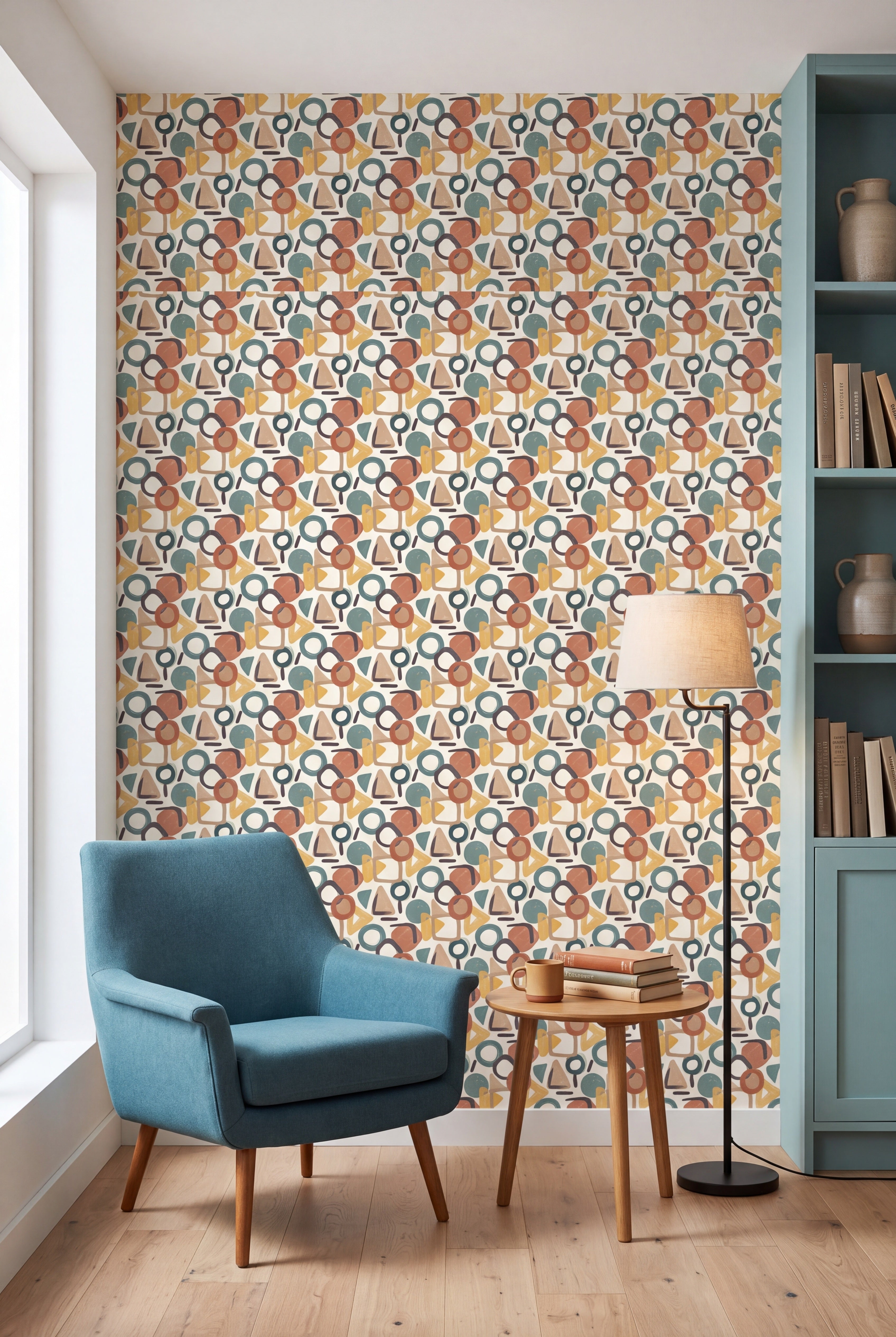 Mod Loop wallpaper shown in a reading nook