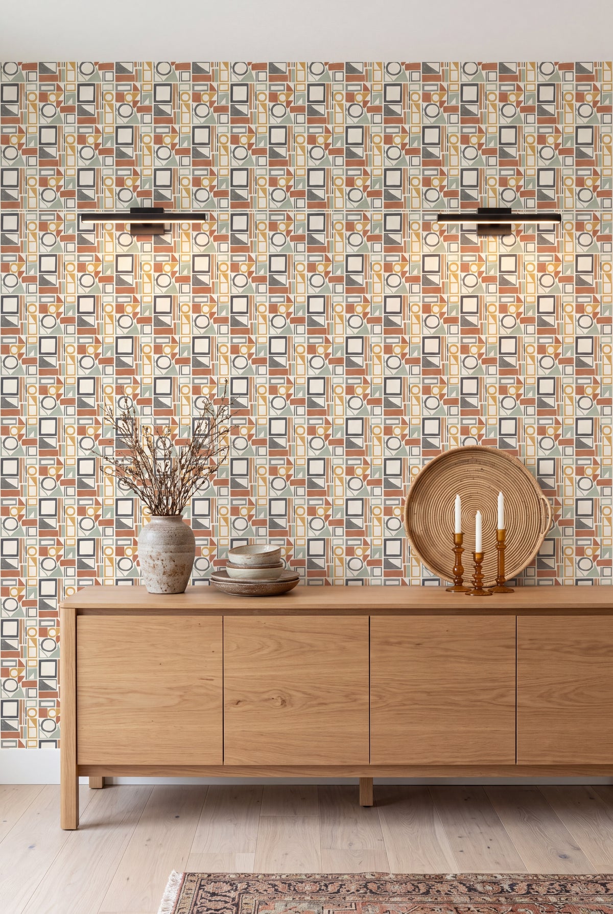 Blockwork wallpaper shown in a dining room