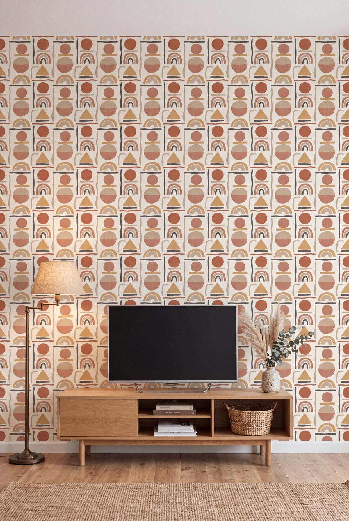 Terracotta Arch wallpaper shown in a media room