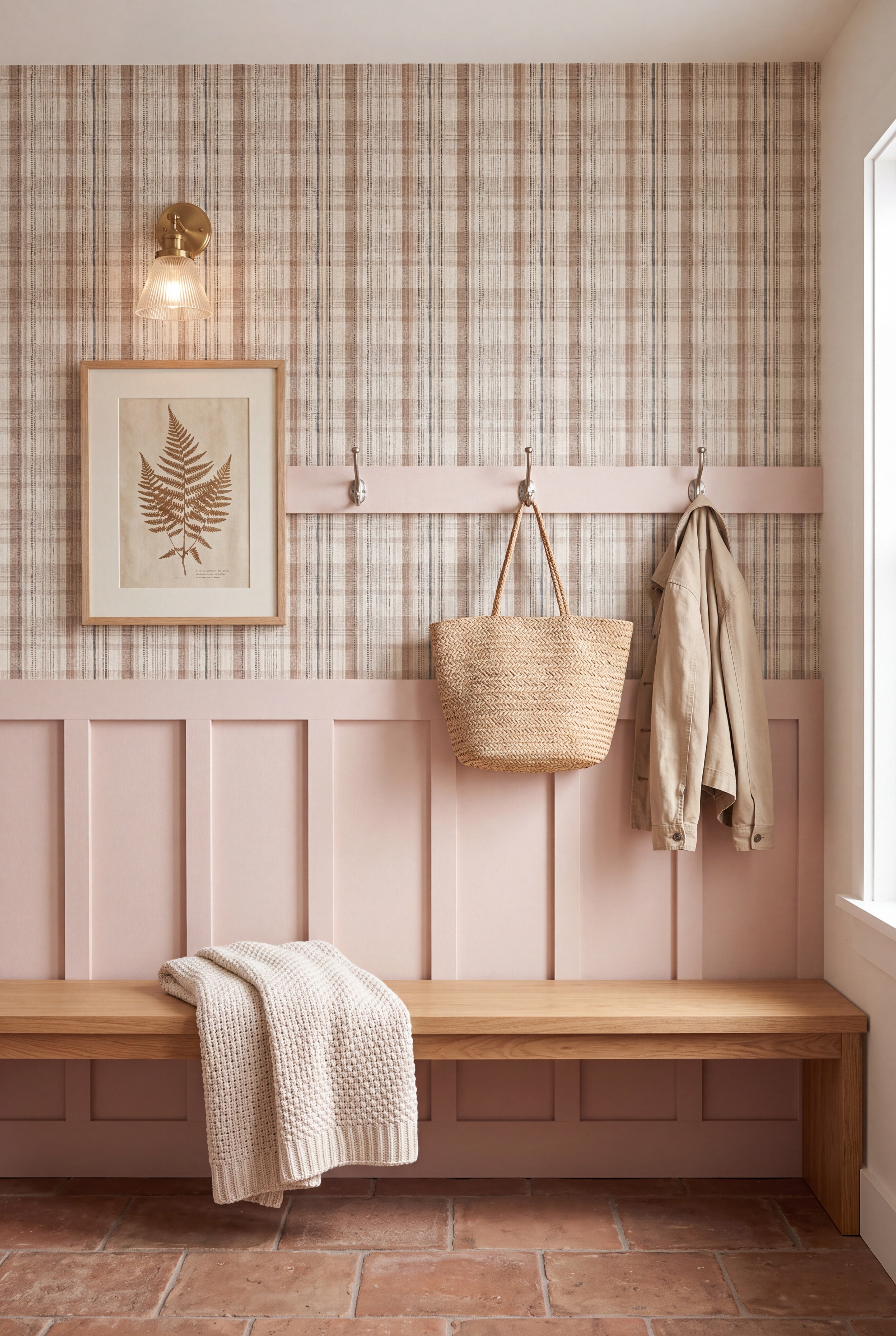 Blush Plaid wallpaper shown in a mudroom