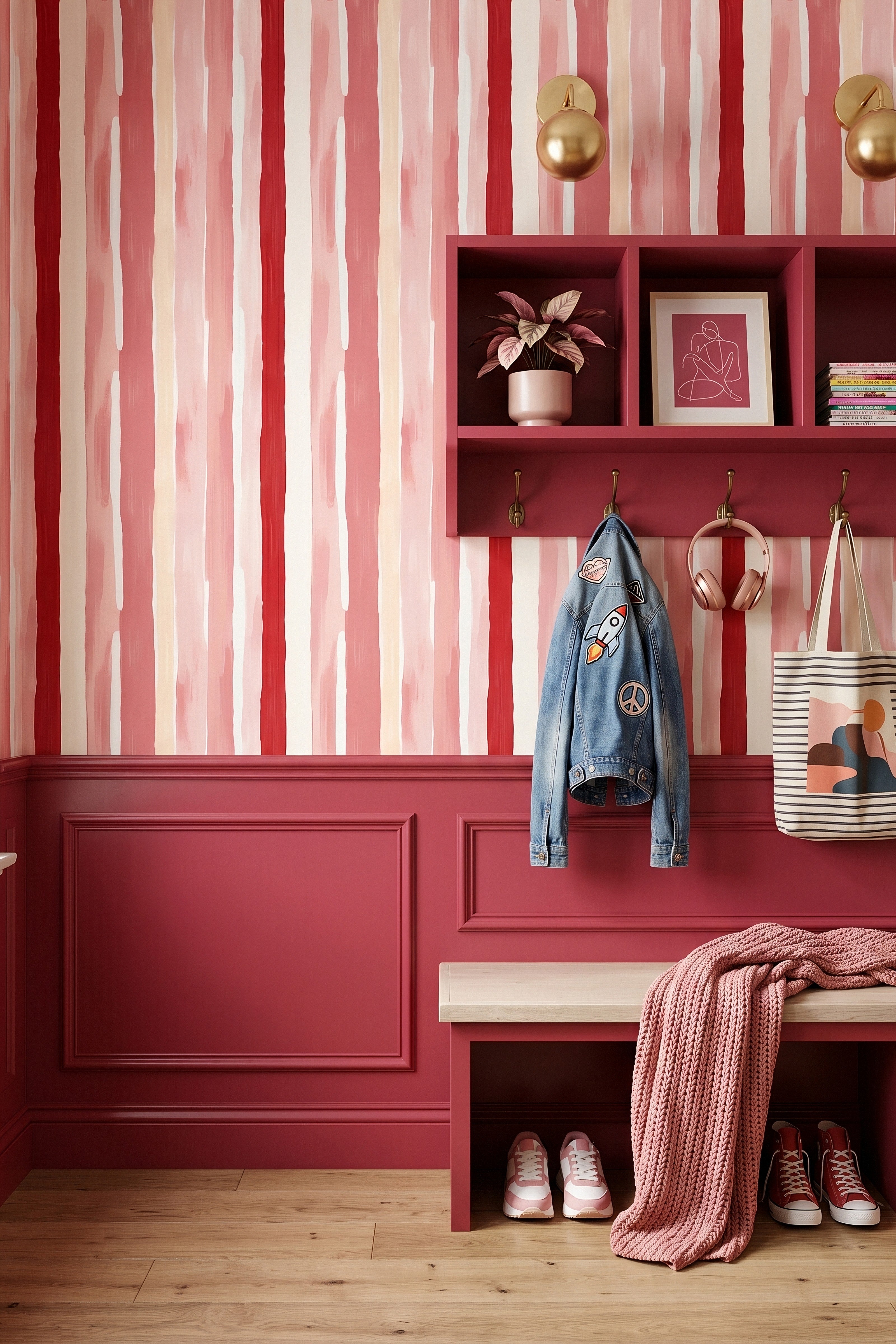 Taffy Stripe wallpaper shown in a mudroom