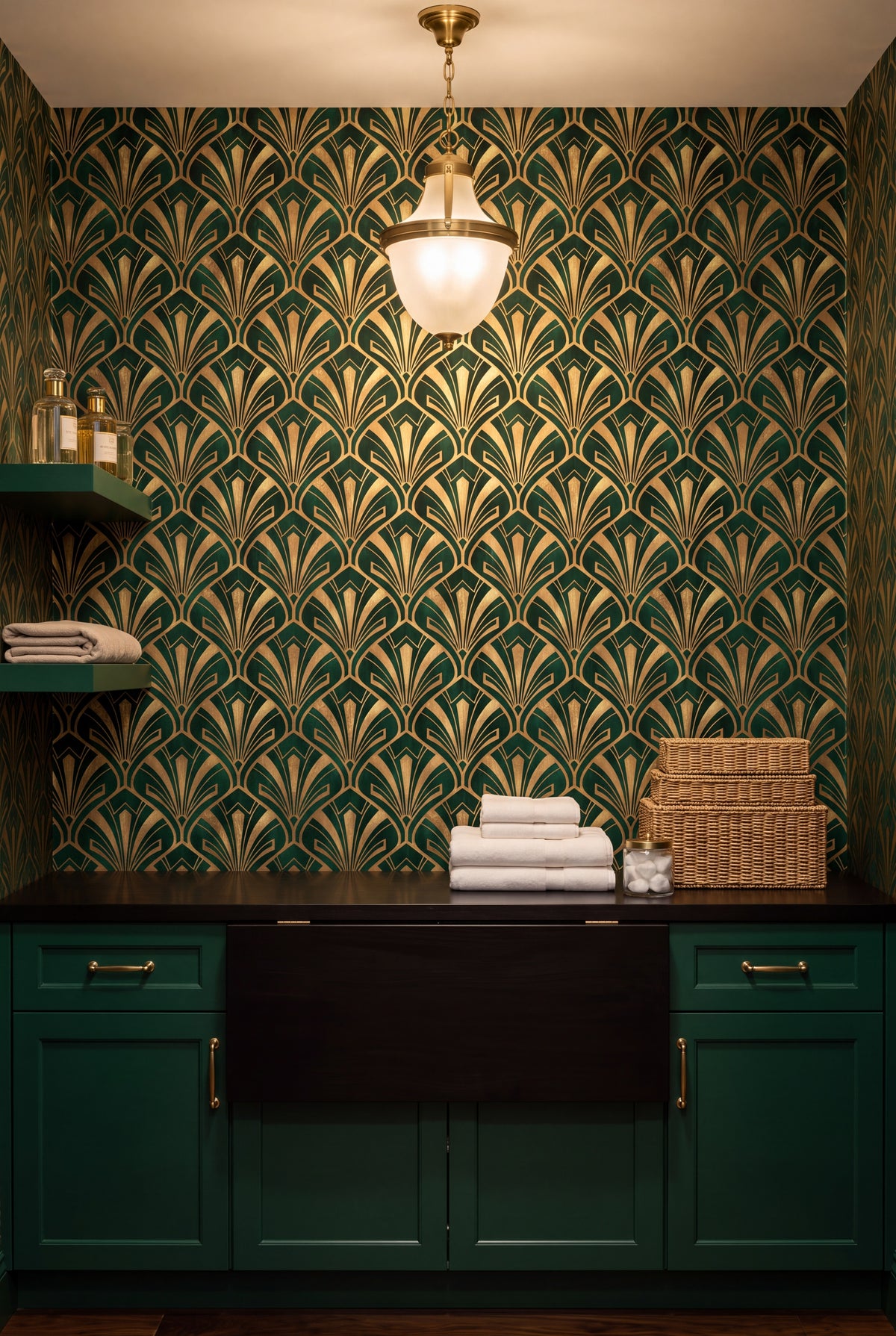 Emerald Plume wallpaper shown in a laundry room