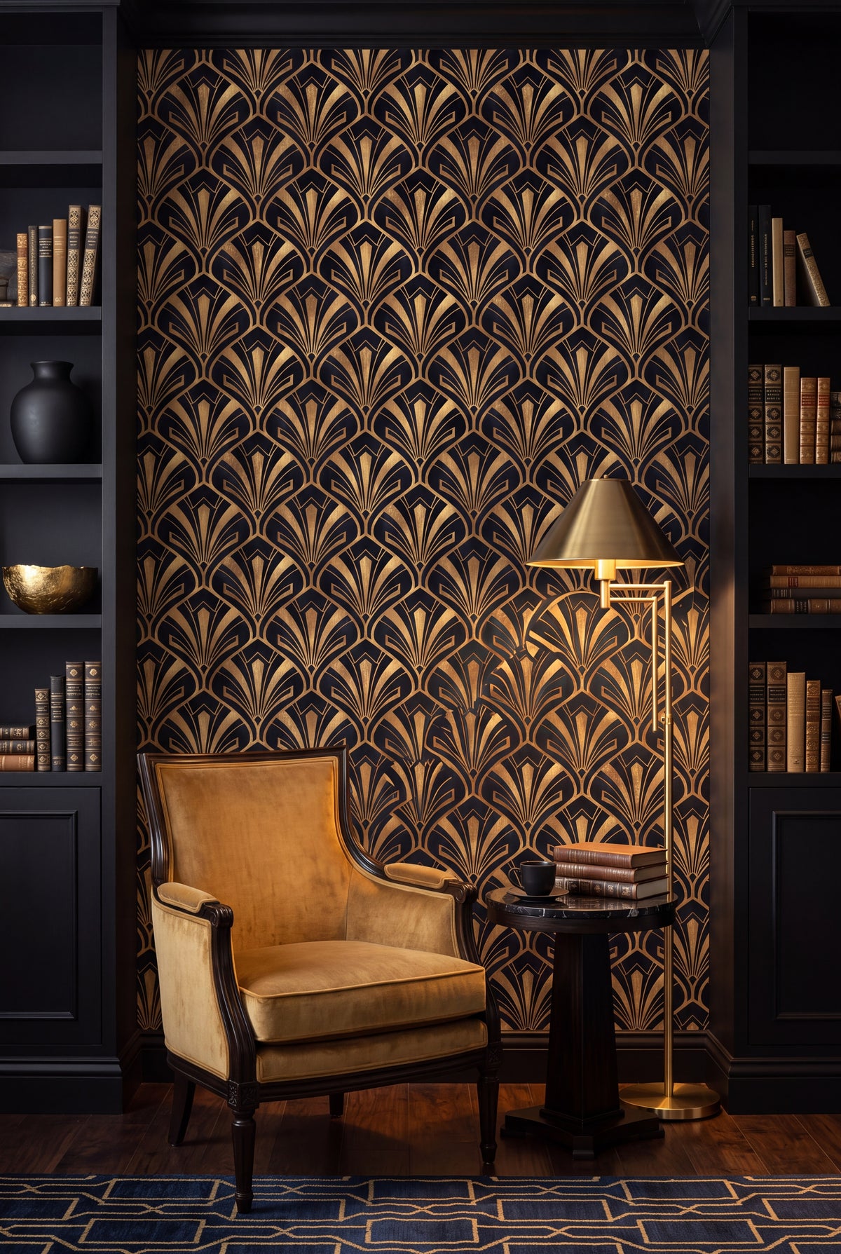 Onyx Plume wallpaper shown in a reading nook