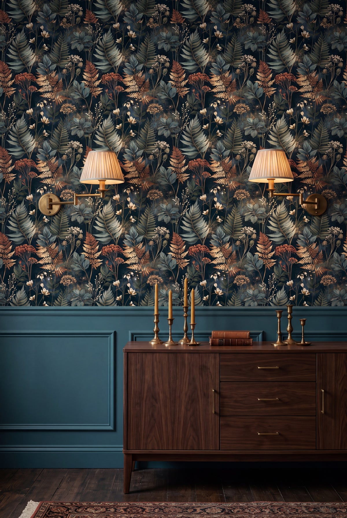 Coral Fernery wallpaper shown in a dining room