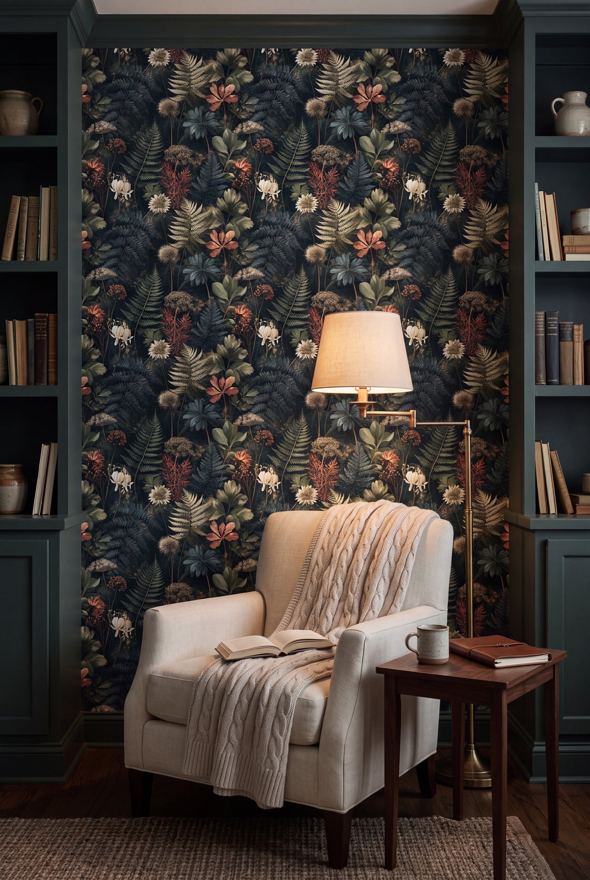 Moonlit Fernery wallpaper shown in a reading nook