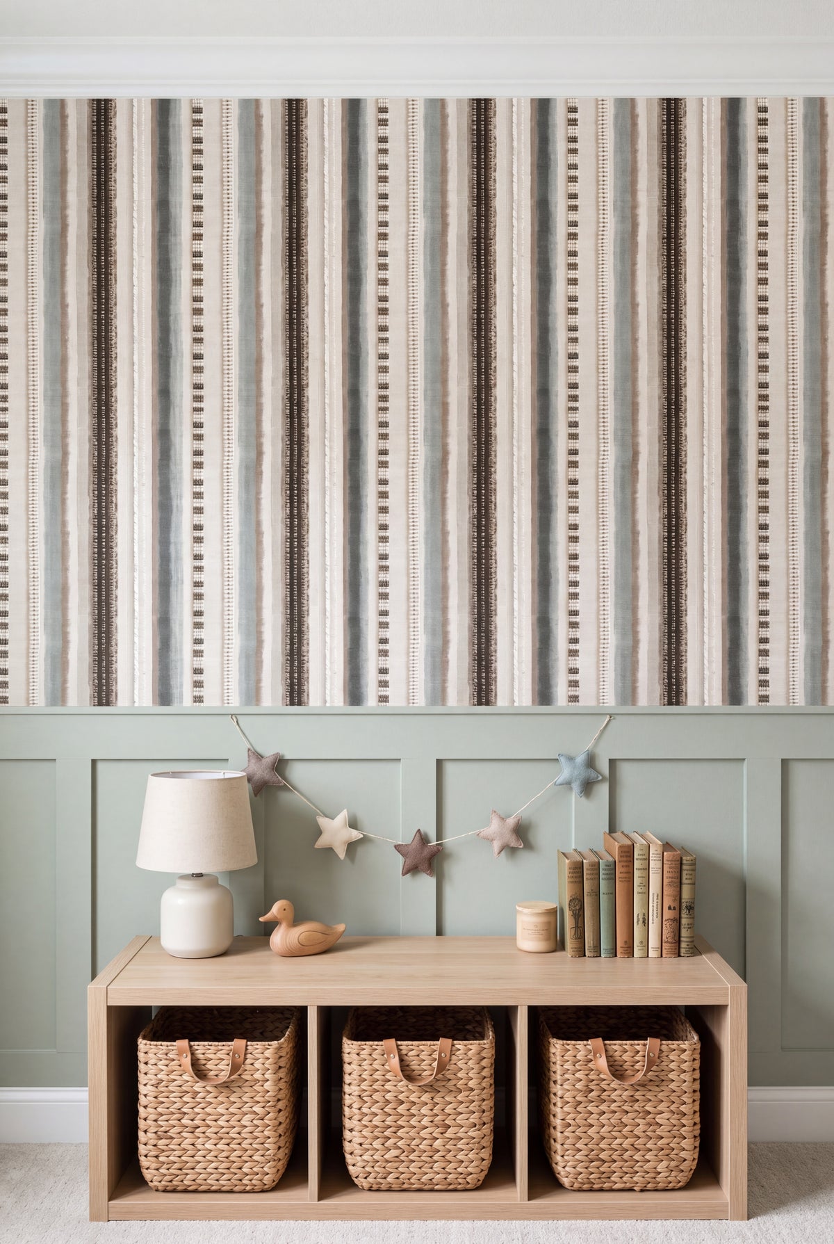 Sage Ticking wallpaper shown in a kids room
