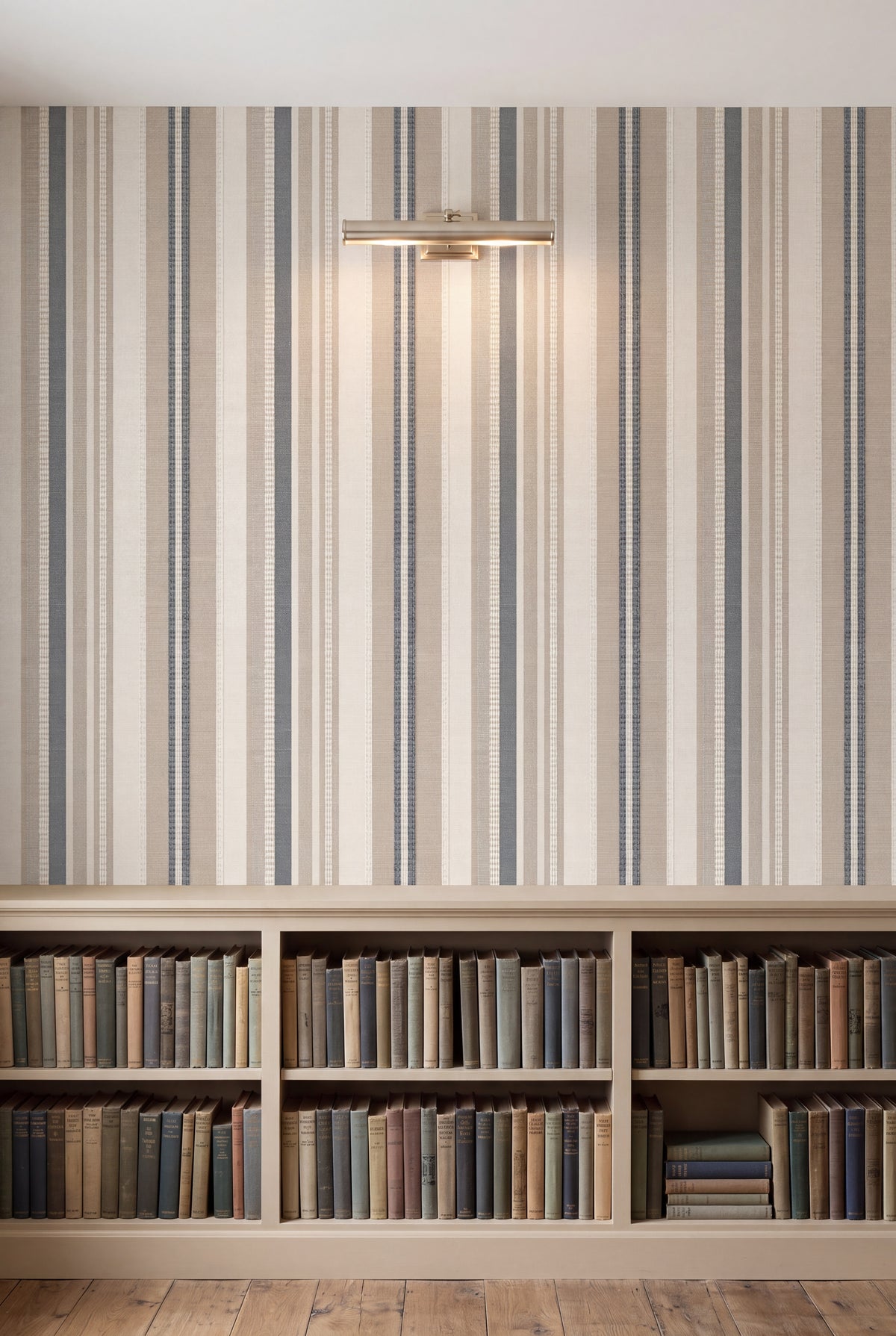 Harbor Ticking wallpaper shown in a library
