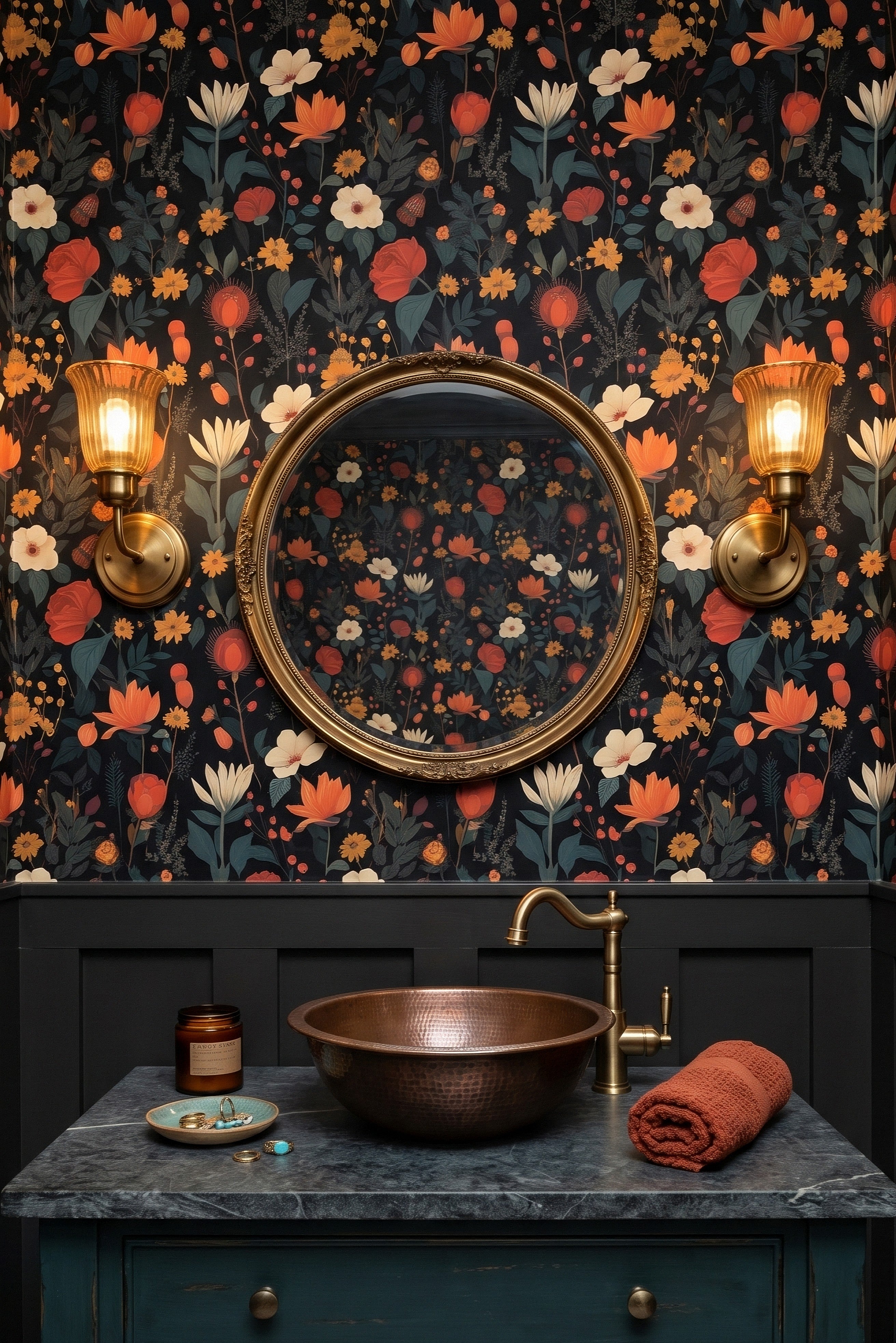 Midnight Bouquet wallpaper shown in a powder room