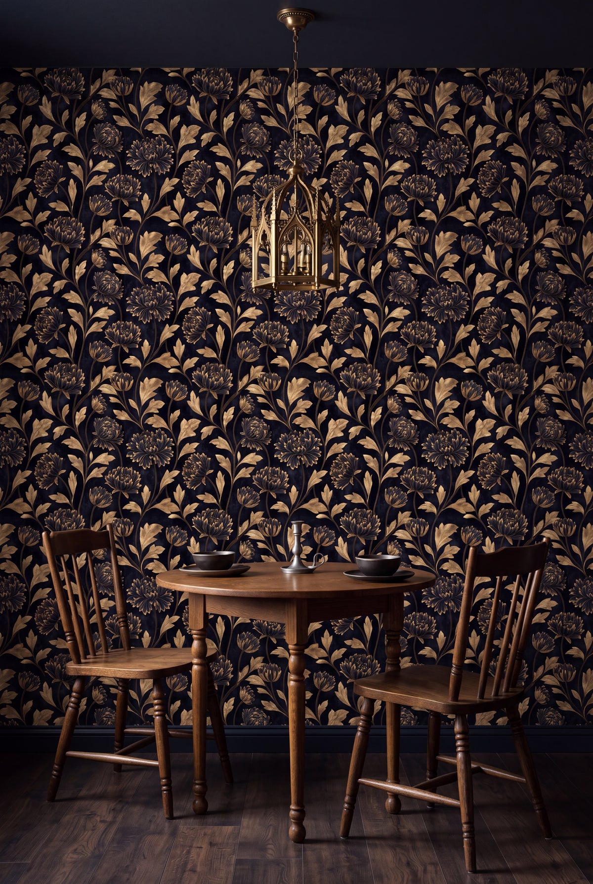 Thistle Nocturne wallpaper shown in a kitchen breakfast nook