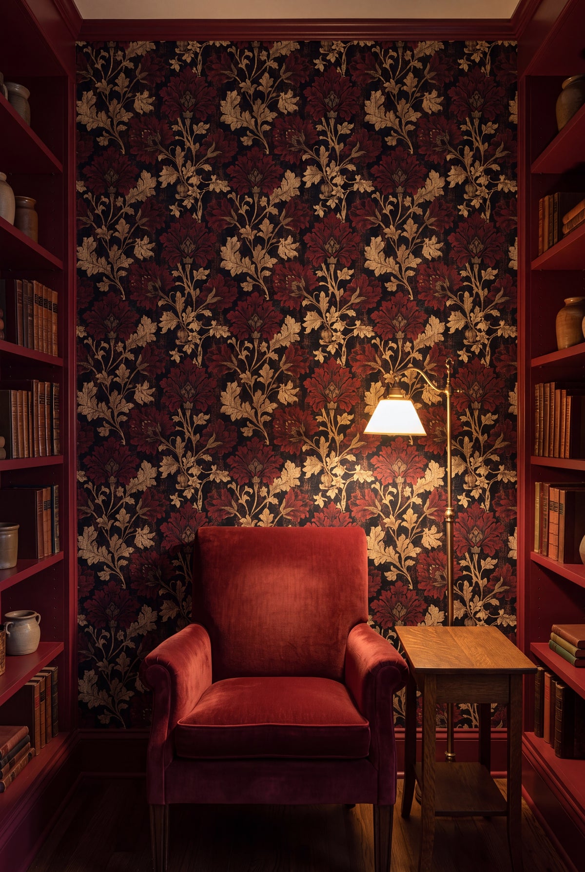 Garnet Vestry wallpaper shown in a reading nook